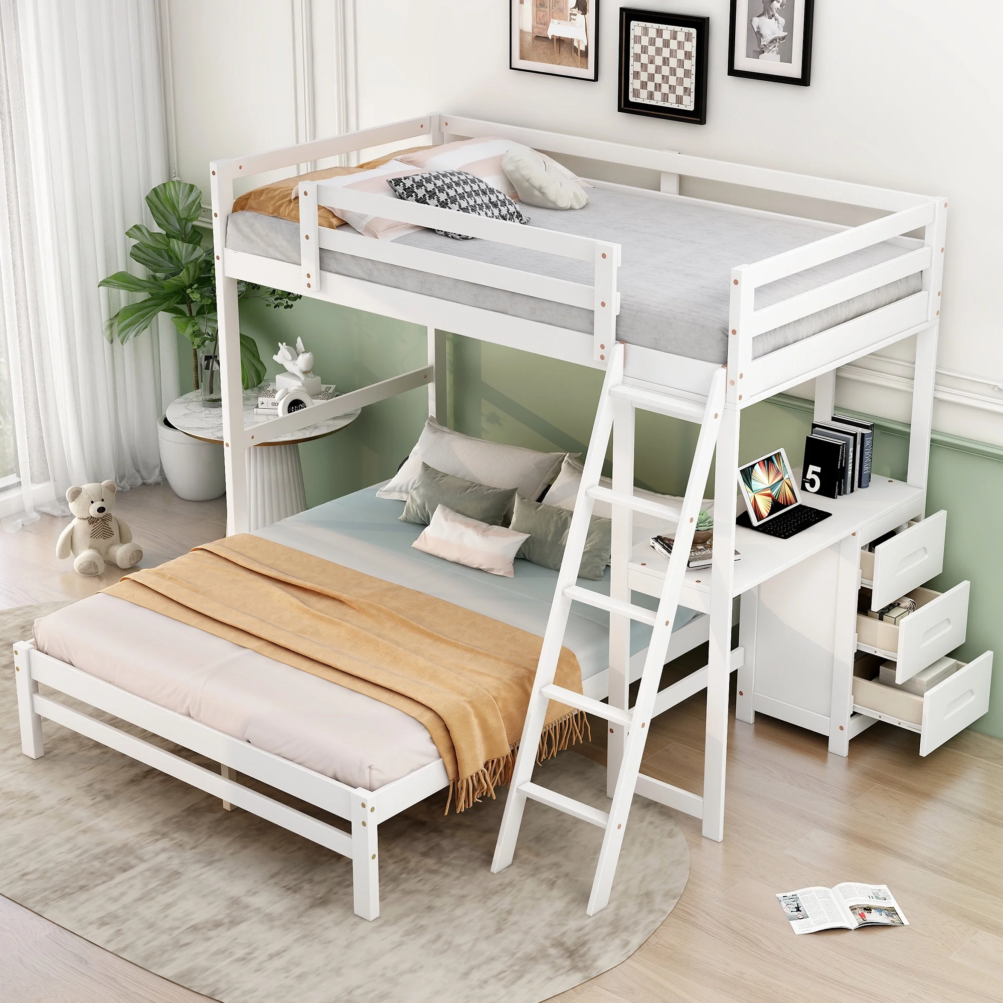 CoSoTower Twin Over Full Bunk Bed with Built-In Desk and Three Drawers,White