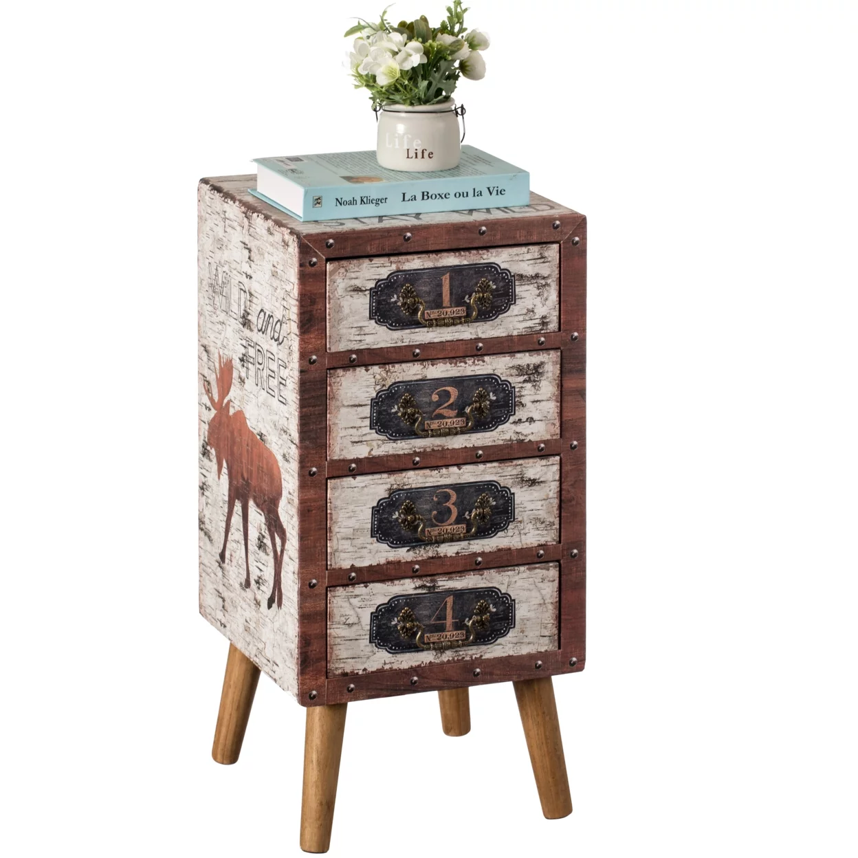 Antique Rustic Brown Wood Vintage Tallboy Chest with 4 Drawers and Legs