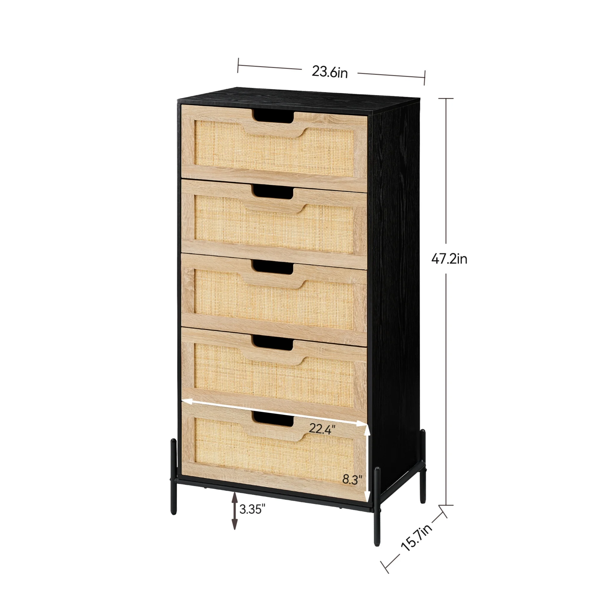 IDEALHOUSE 5 Drawers Dresser for Bedroom, Natural Rattan Drawer with Spacious Storage, Wood Chest of Drawers with Metal Legs for Bedroom, Living Room, Hallway, Entryway