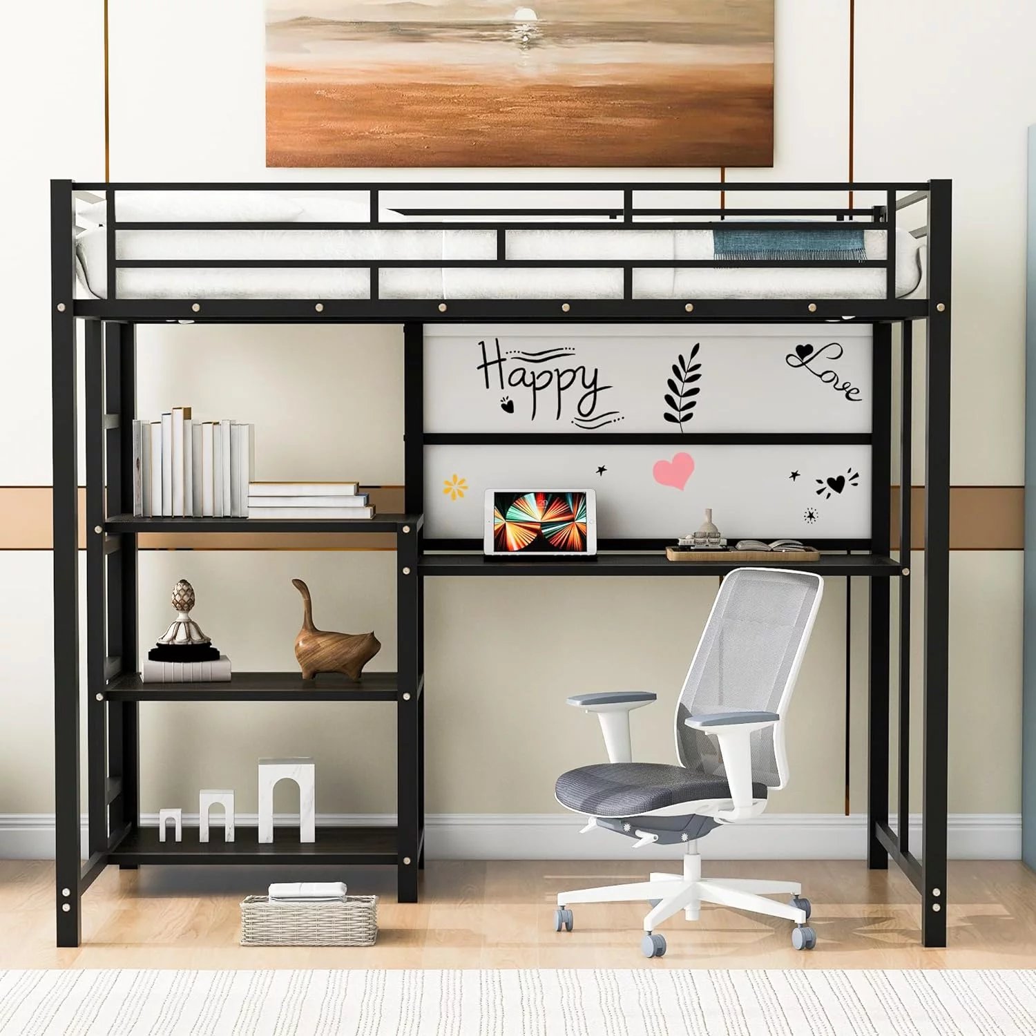 Loft Bed With Desk And 3 Shelves, Metal Size Loft Bed With Writing Board, Sapce Saving Loft Bed For Kids, Boys,Girls,Teens,Black