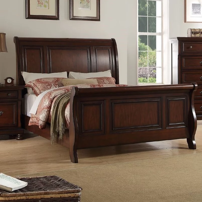Antique Sleigh Bed Bedroom Cherry Veneer Wooden 1pc California King Size Bed HB FB Rails MDF Pine Formal Bedframe