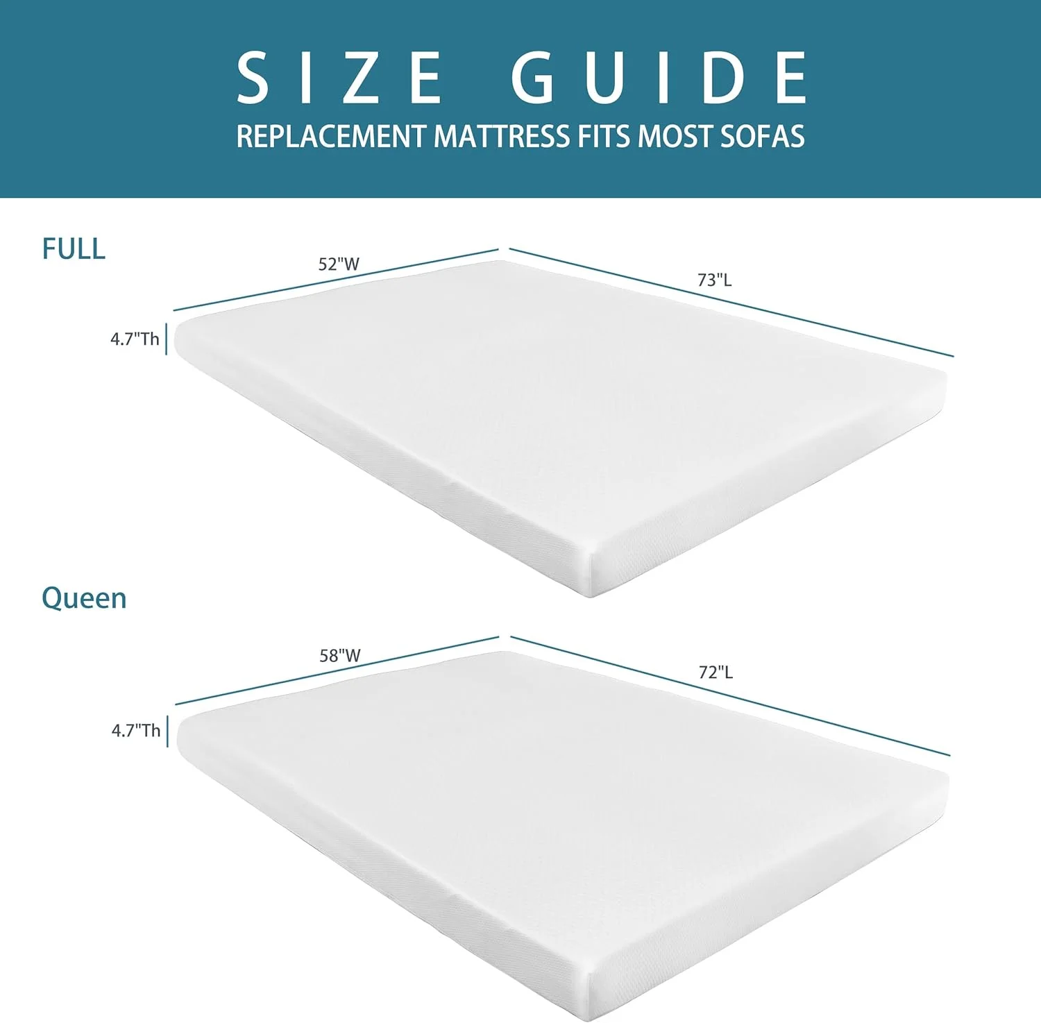 YINCHEN 4.7 Inch Cool Gel Memory Foam Sofa Bed Replacement Mattress for Queen Size Sleeper | 4.7” Inch | CertiPUR-US Certified | Washable Material w/Non-Slip Base Queen (Sofa Not Included)