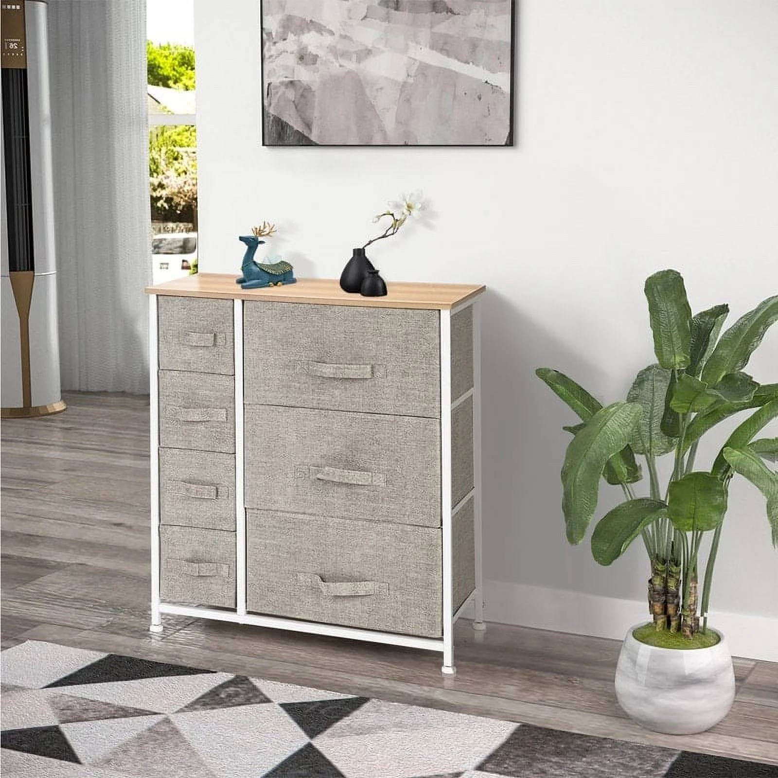 Wide Dresser Storage Tower - Sturdy Steel Frame, Wood Top, Easy Pull Fabric Bins - Organizer Unit Grey Grey