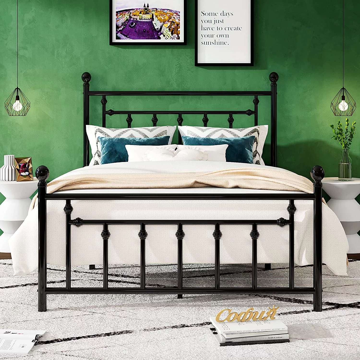 Allewie Queen Size Metal Platform Bed Frame with Victorian Vintage Headboard&Footboard, Black
