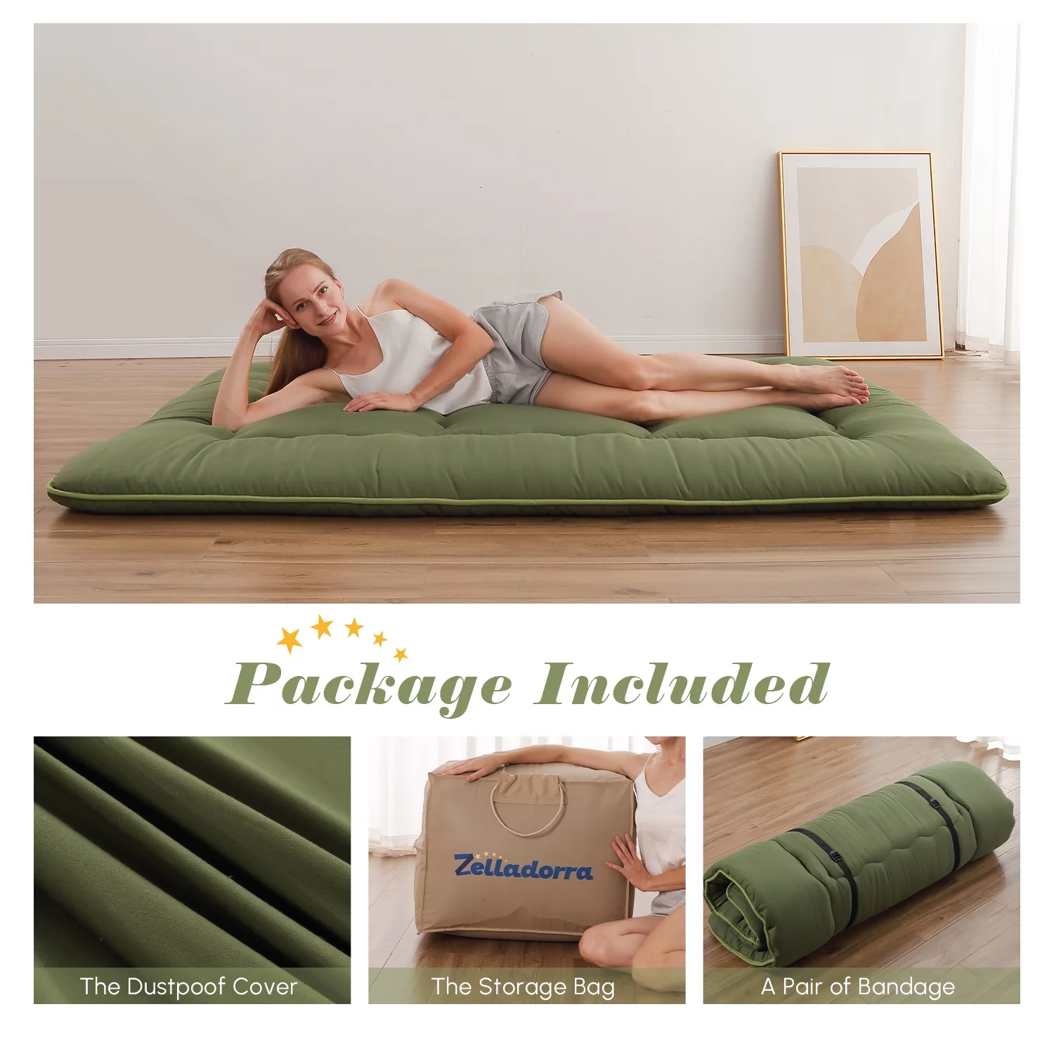 Zelladorra Japanese Floor Mattress, Futon Mattress with Portable Storage Bag, Roll Up Mattress Thick Tatami Mattress Suitable for Camping, Guest Room, Green, Full