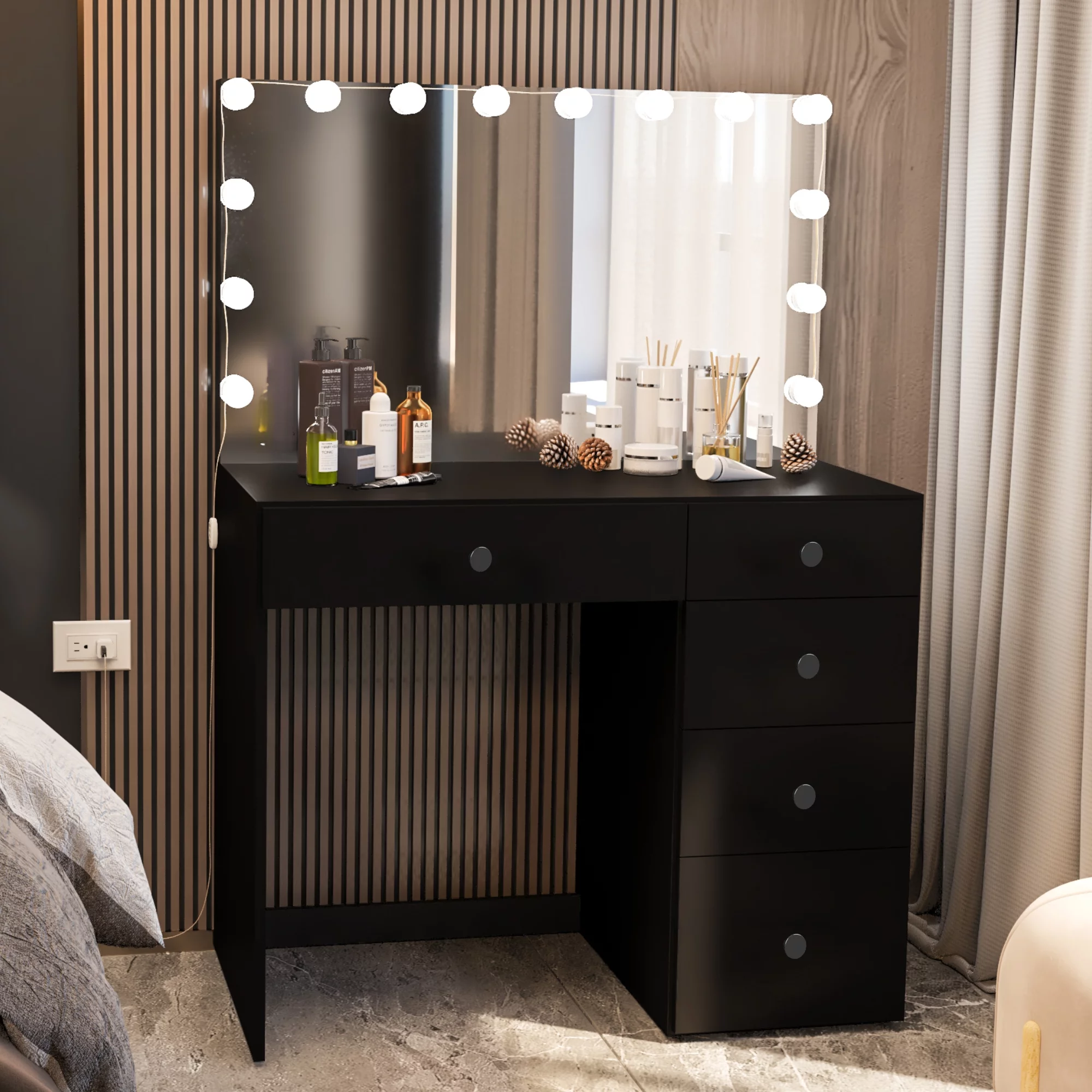 Boahaus Saranya Makeup Vanity Table with 5 Drawers, Light Bulbs, Standing Mirror, Black
