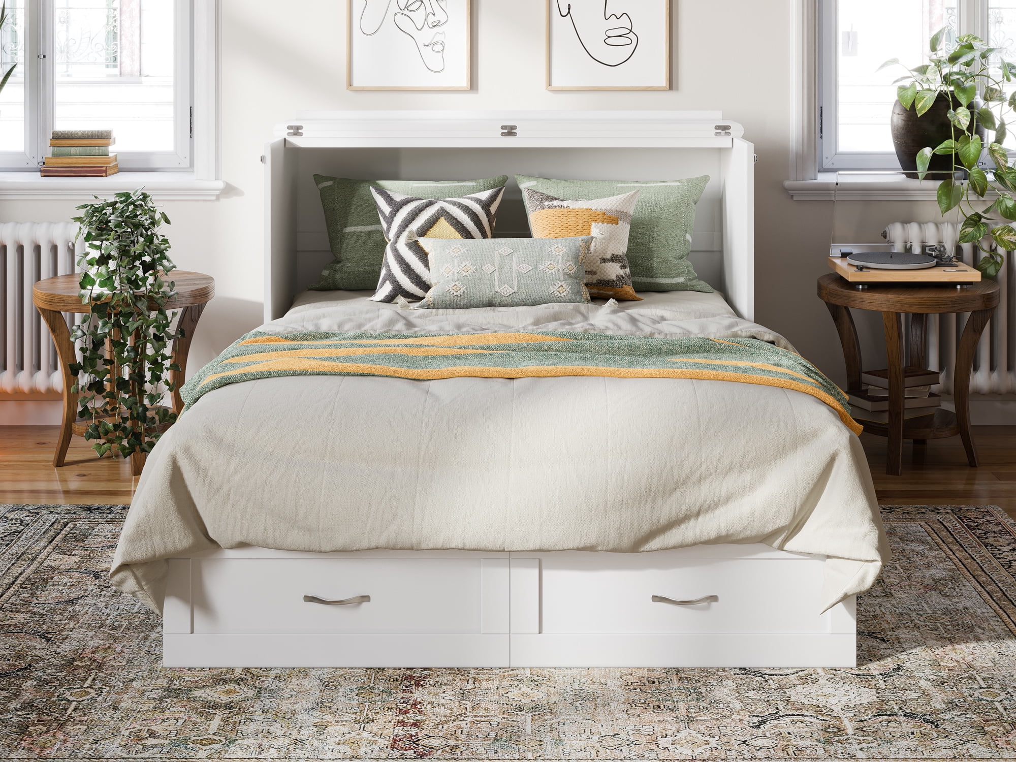 AFI Hamilton Full Solid Wood Murphy Bed Chest with Mattress, Drawer and Charger in White