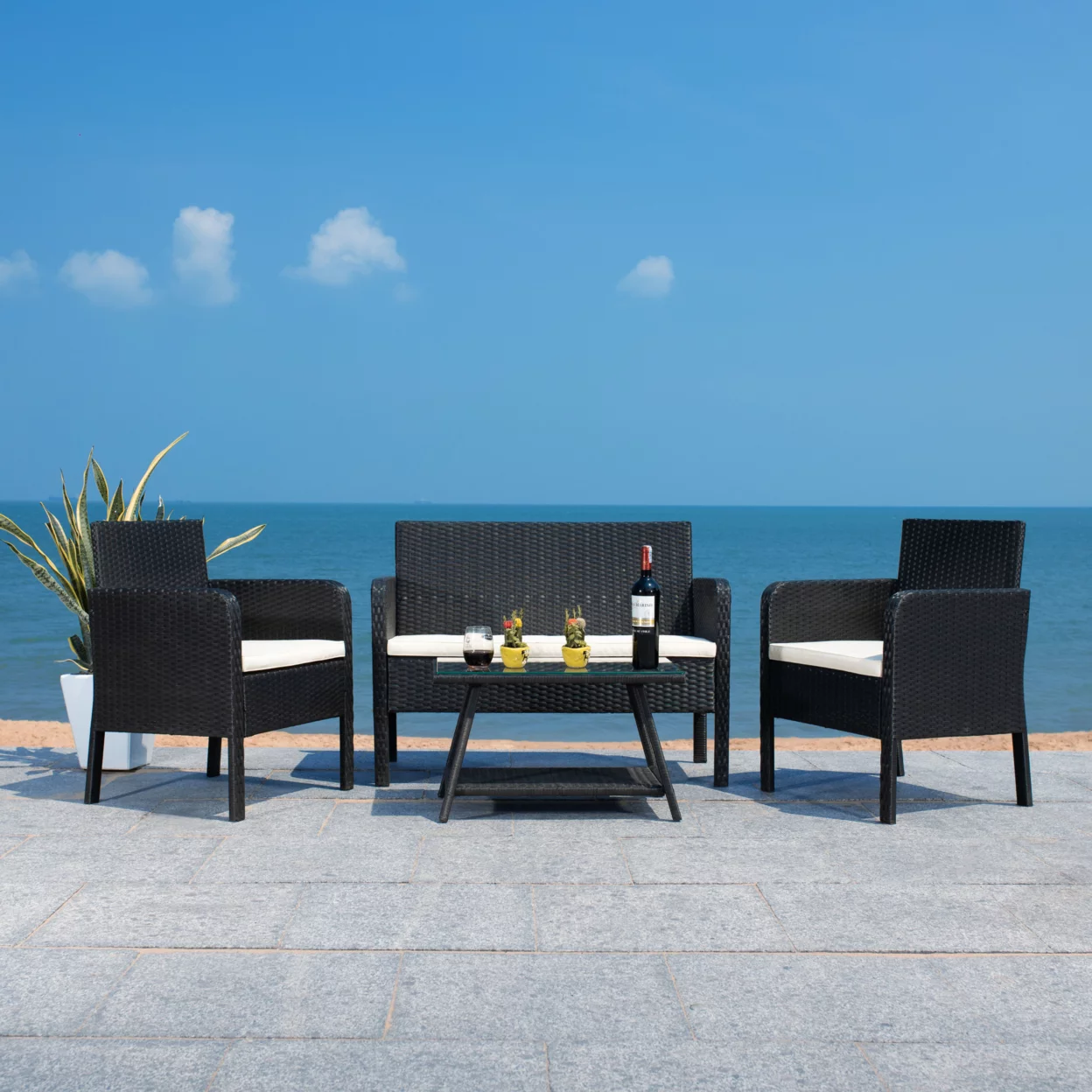 SAFAVIEH Aboka Outdoor Patio 4Pc Conversation Set, Black/Light Grey