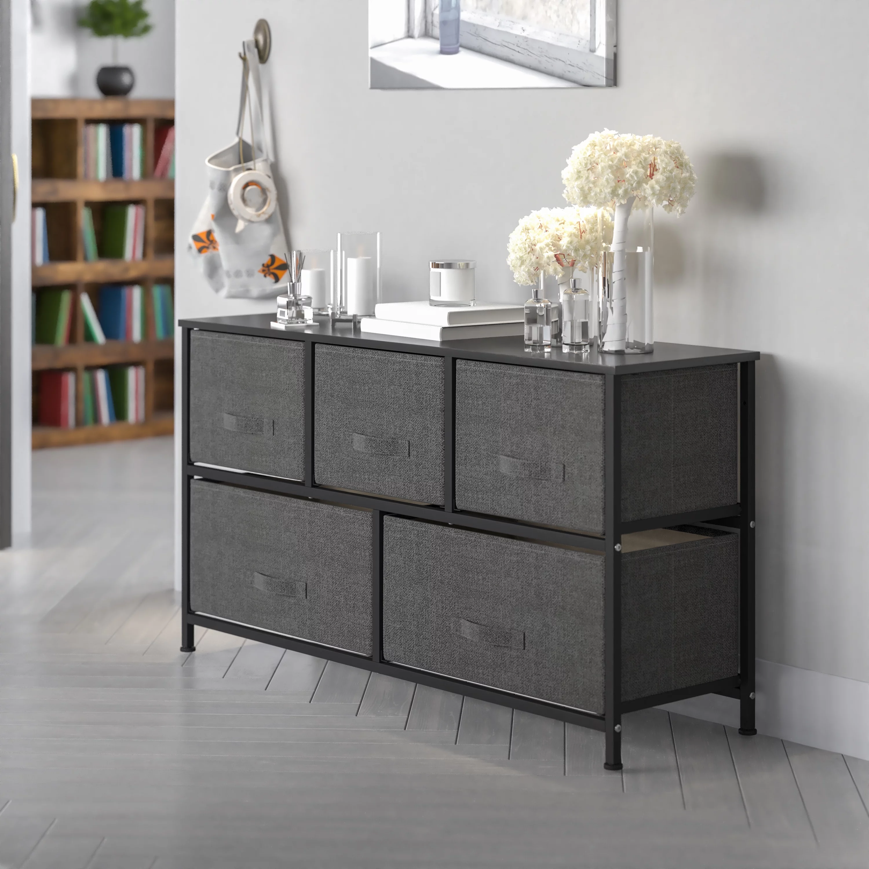 Flash Furniture Harris 5 Drawer Wood Top Black Cast Iron Frame Vertical Storage Dresser with Dark Gray Easy Pull Fabric Drawers