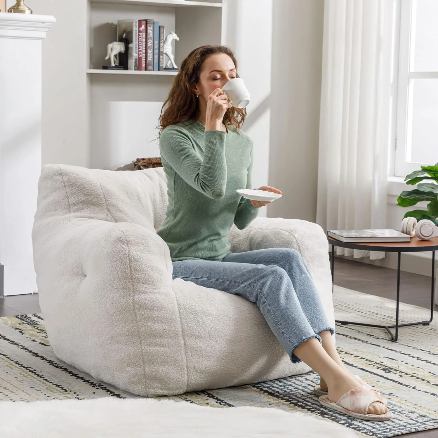 tantohom Adult Bean Bag Chair, Tufted Plush Lazy Sofa with Memory Cotton Beans & Armrest for Bedroom Gaming Room Apartment, White