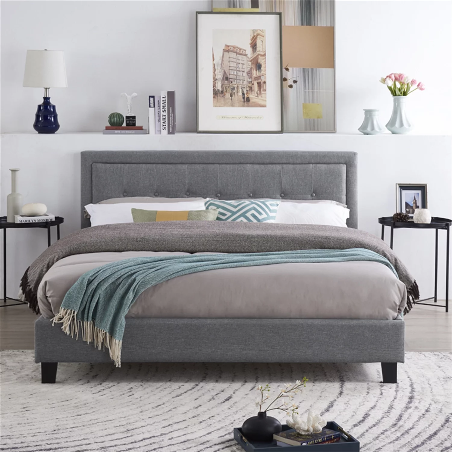 Naomi Home Lisa Button-Tufted Woven Platform Bed-Color:Gray,Size:Full