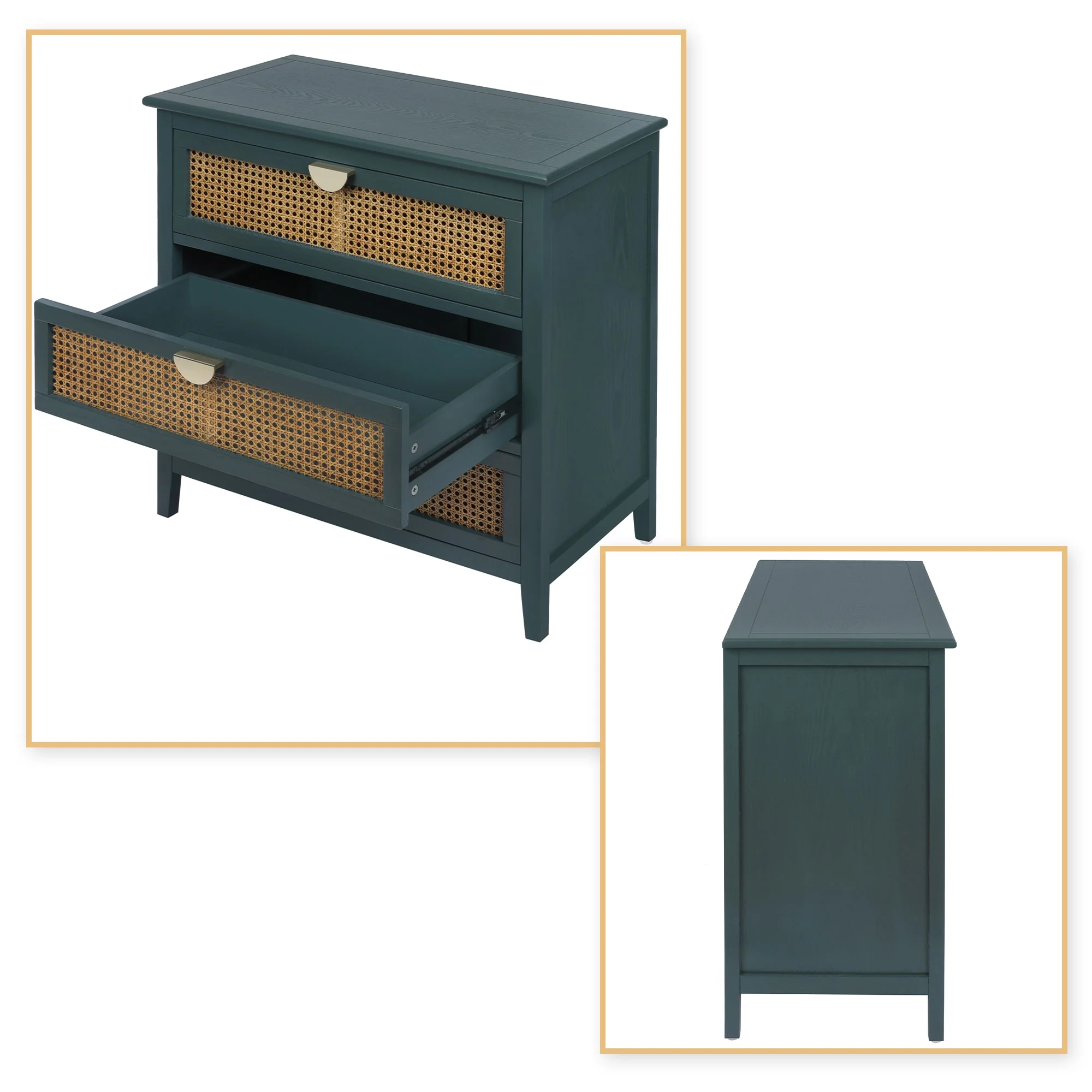 Vintage Style Wood Storage Cabinet with Metal Handles and 3 Drawers for Dining Room, Living Room, Green