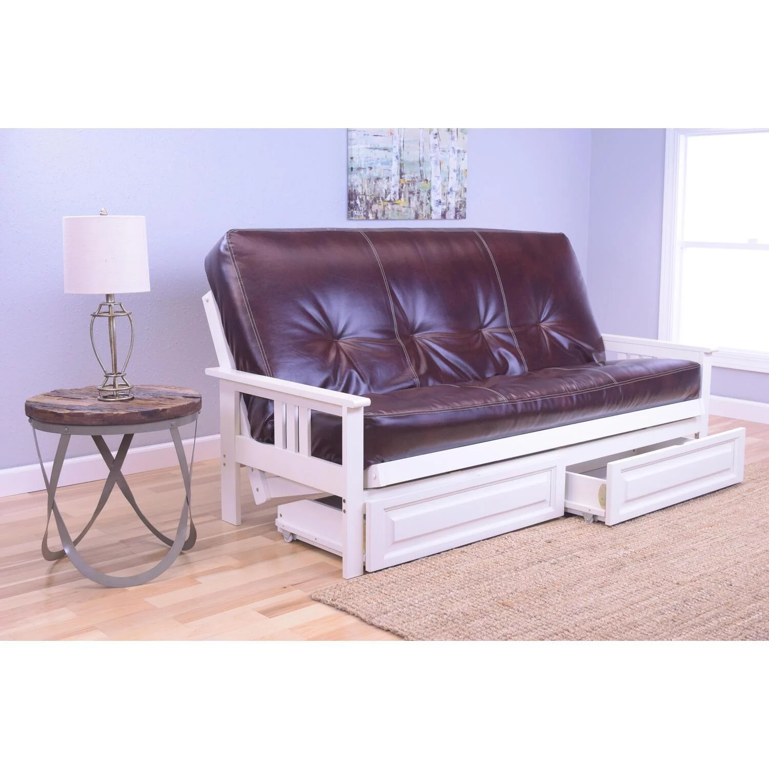 Homestock Southwestern Style Full Futon Frame with Storage Drawers, Color:Antique White/Dark Brown