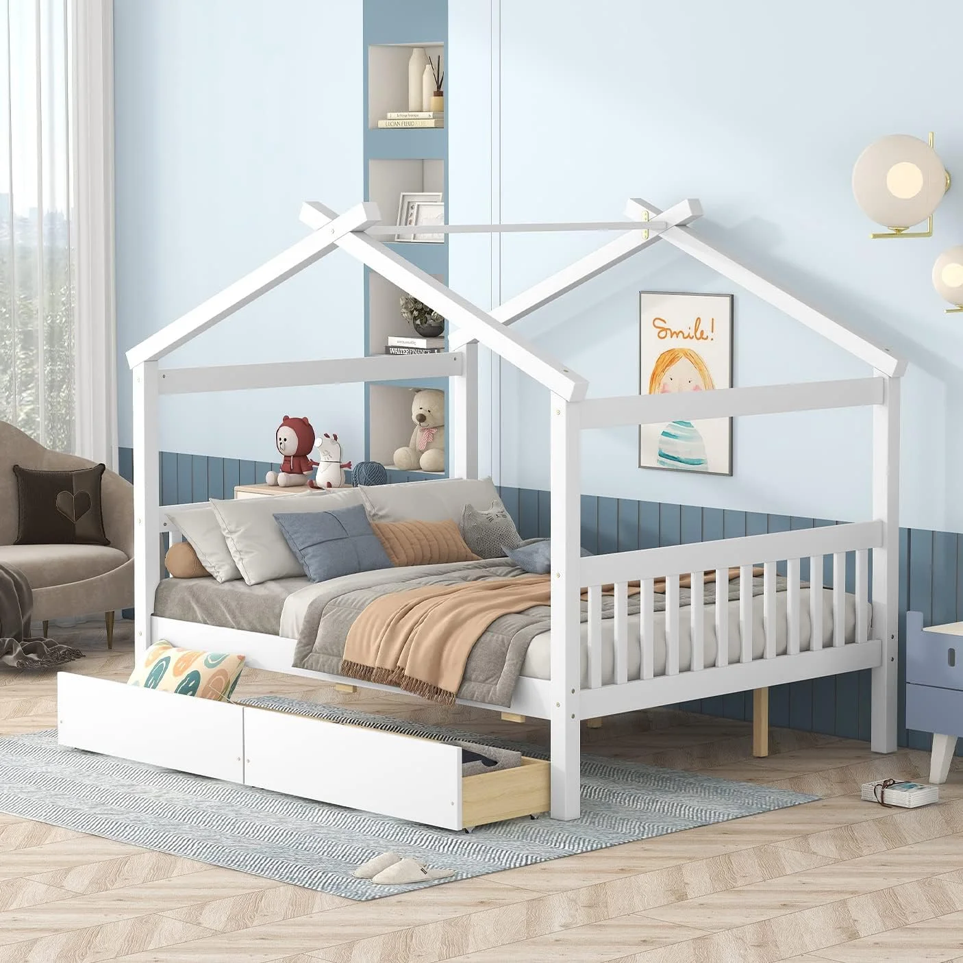 Full Size House Bed With Drawers, Wooden Full Platform Bed Frame With Headboard And Footboard, Roof Design, For Guest Room/Living Room, White