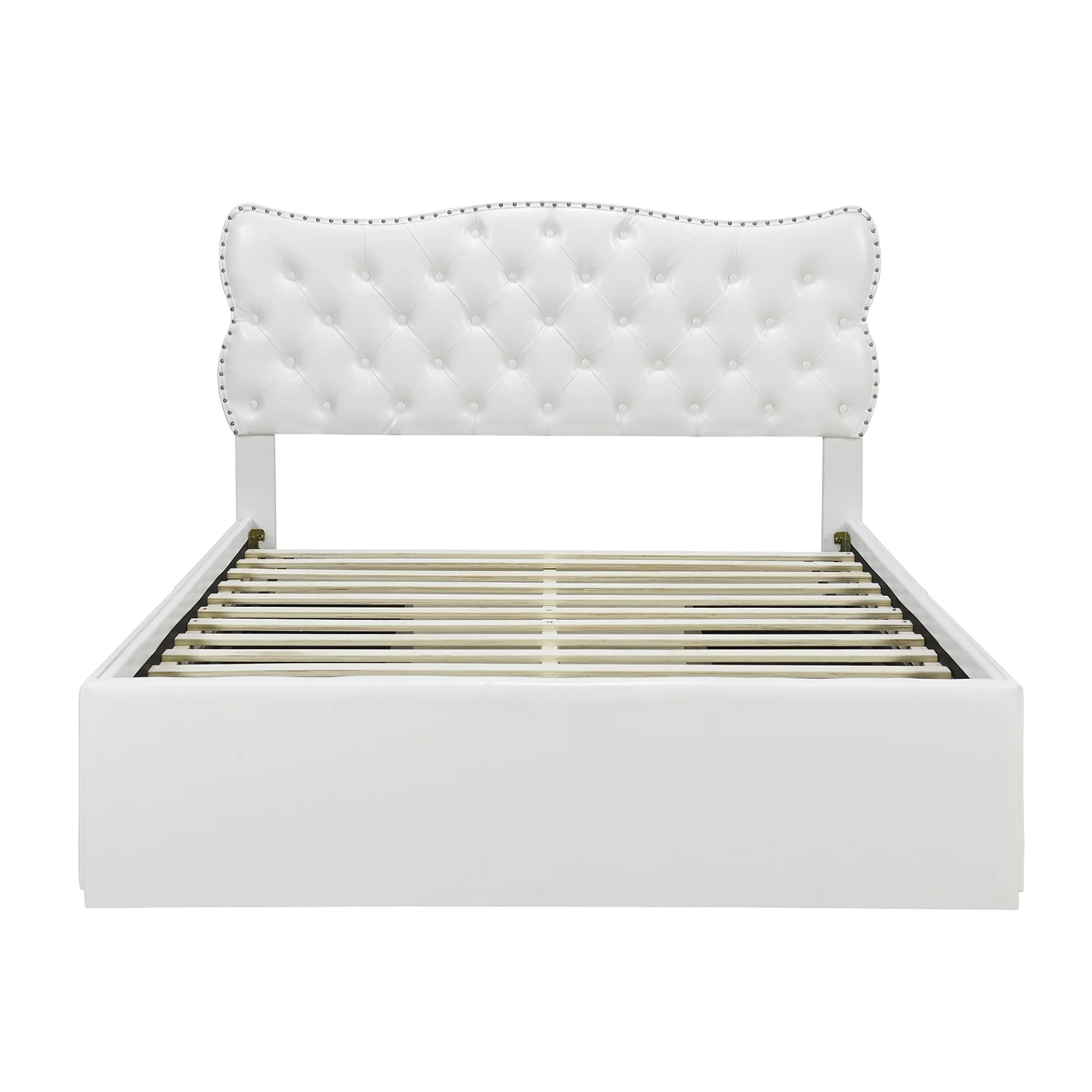 Dawn Whisper Queen Size Bed Frame with 4 Storage Drawers, Leather Upholstered Platform Heavy Duty Bed, Wood Slat Support, White