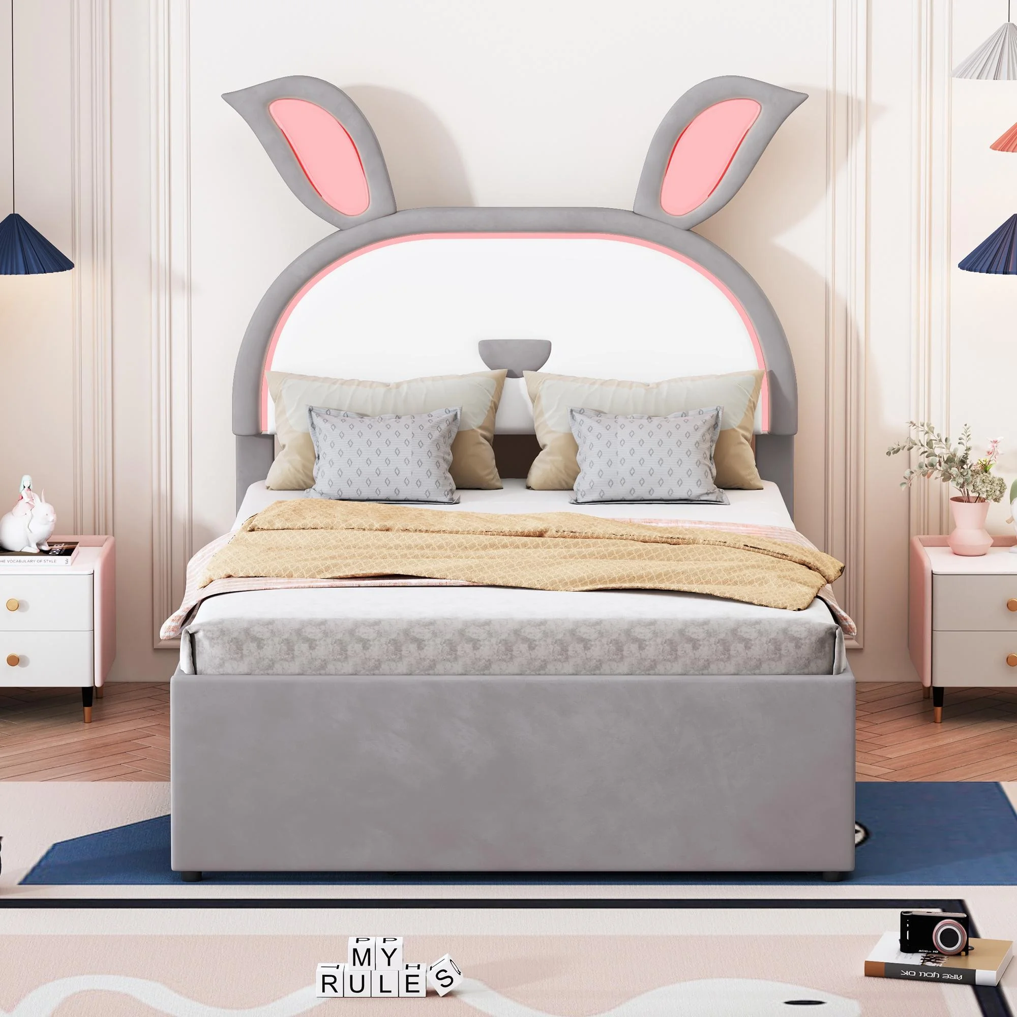 Bellemave Full Storage Bed Frame with Trundle, Upholstered Rabbit-Shape Platform Bed with LED Lights, Full Size Princess Bed with Storage for Kids Teens Adults（Gray)
