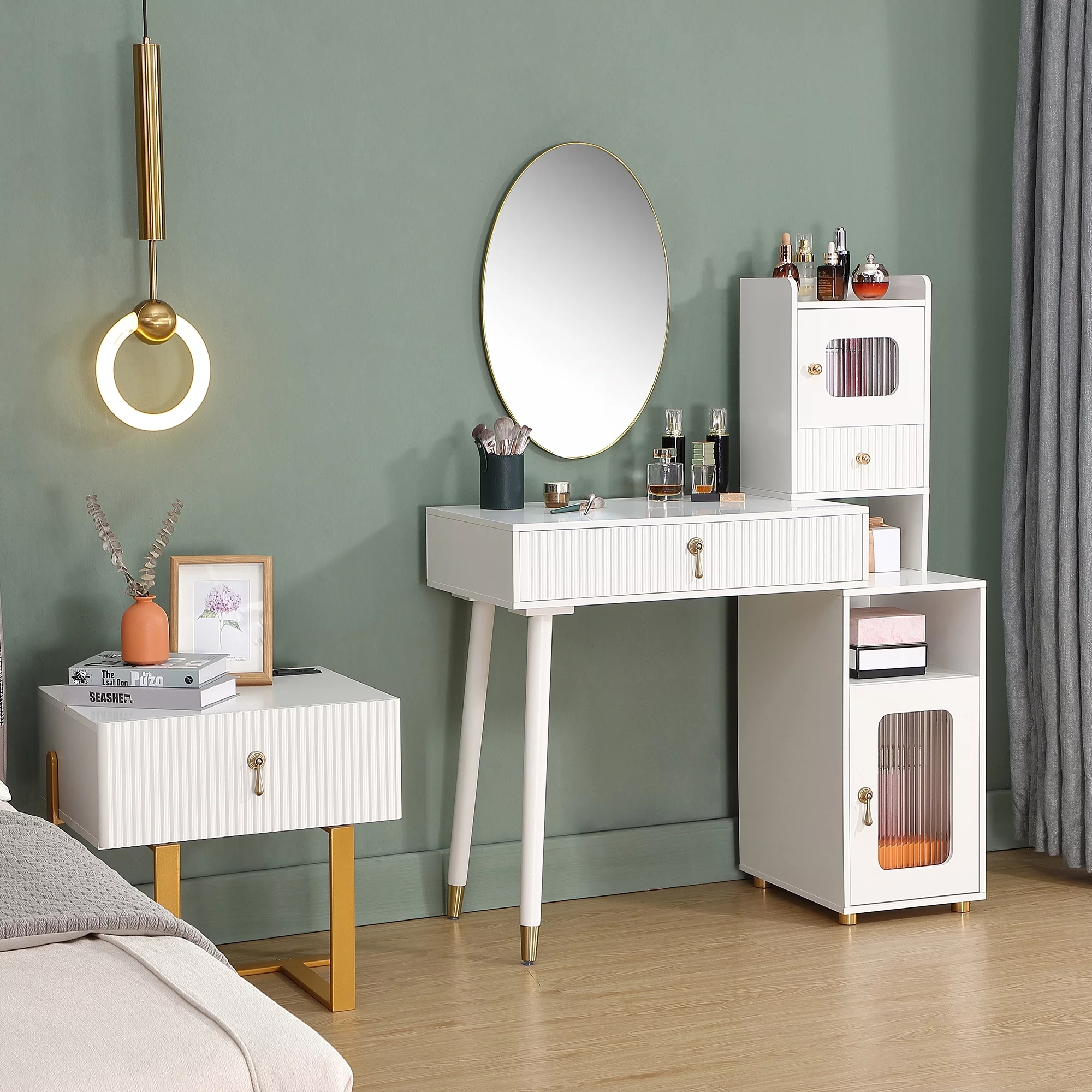HOLISUN White Makeup Vanity Desk with Drawers, Modern Dressing Table with Storage Cabinet for Bedroom (Without Mirror),Length Adjustable