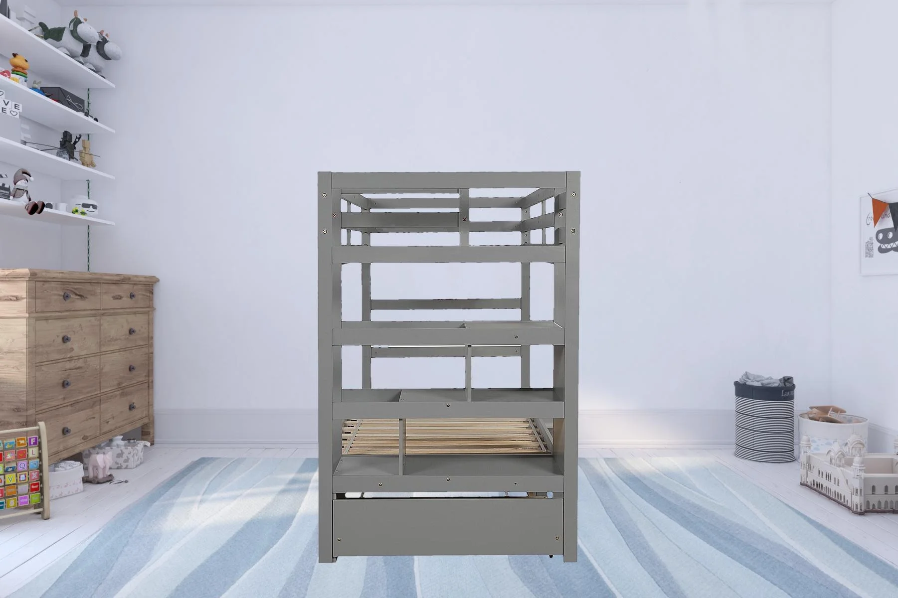 HomeRoots 403944 Twin Over Twin Contemporary Bunk Bed with Stairs, Gray