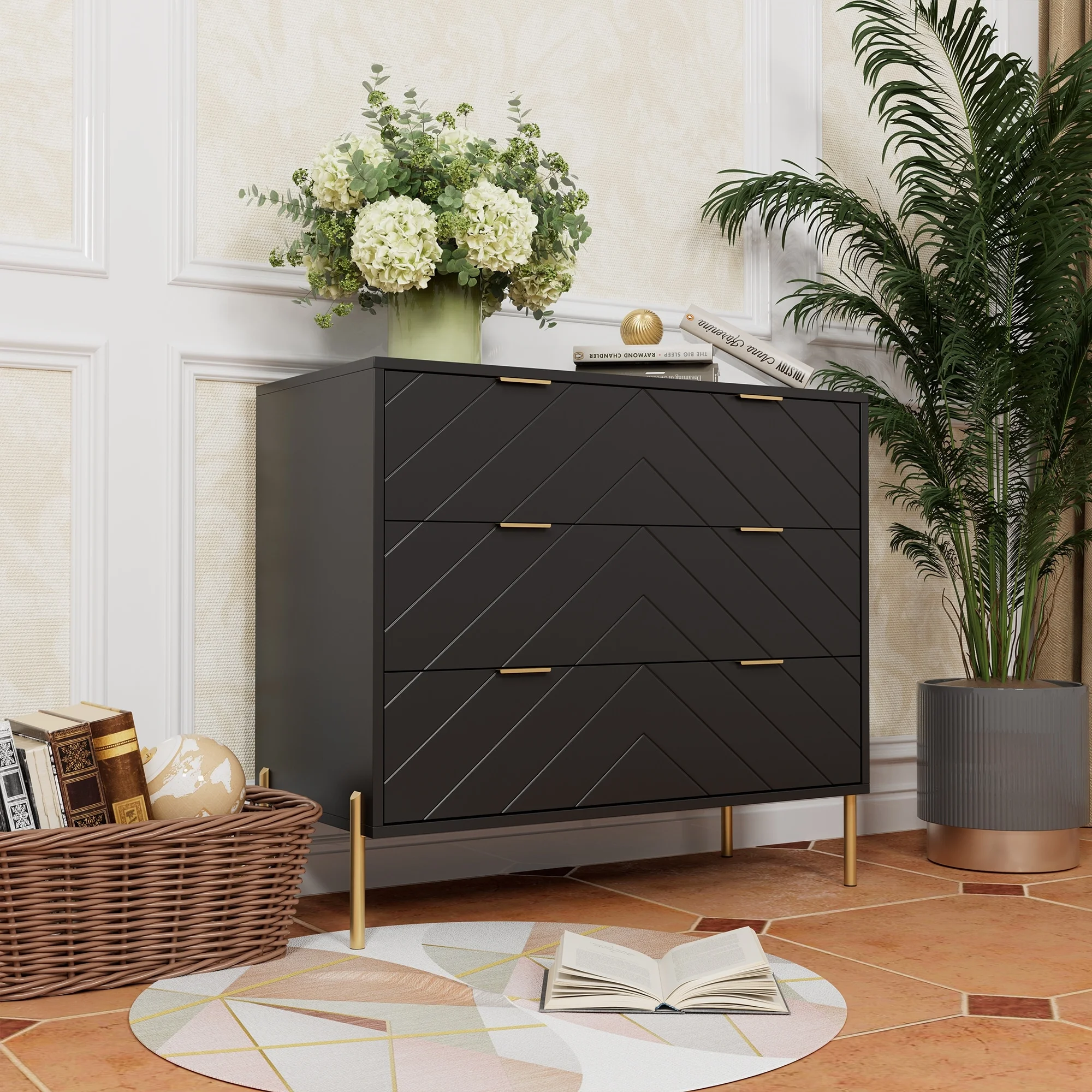 Clihome 3-Drawer Storage Chest Dresser for Bedroom Black