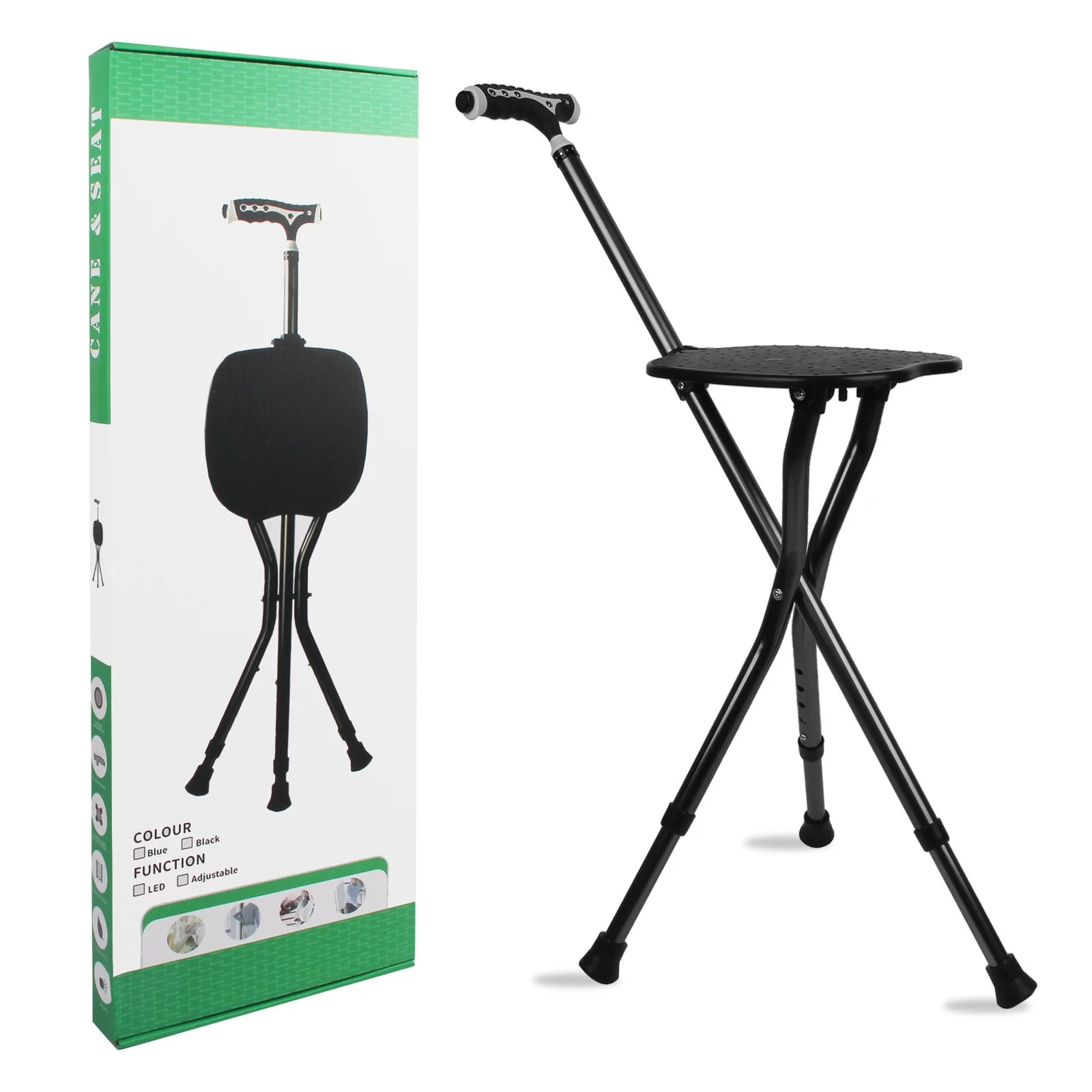 Hold 440 lbs Cane with Seat Combo Aluminum Alloy Portable LED Folding Walking Stick Chair Height Adjustable Heavy Duty Thick Stool Handy Unisex for Elderly Senior Light