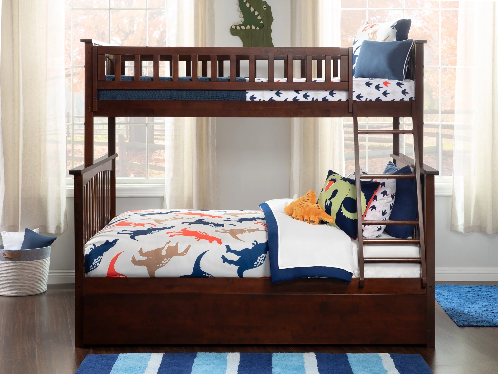 Columbia Bunk Bed Twin over Full with Full Size Urban Trundle Bed in Walnut