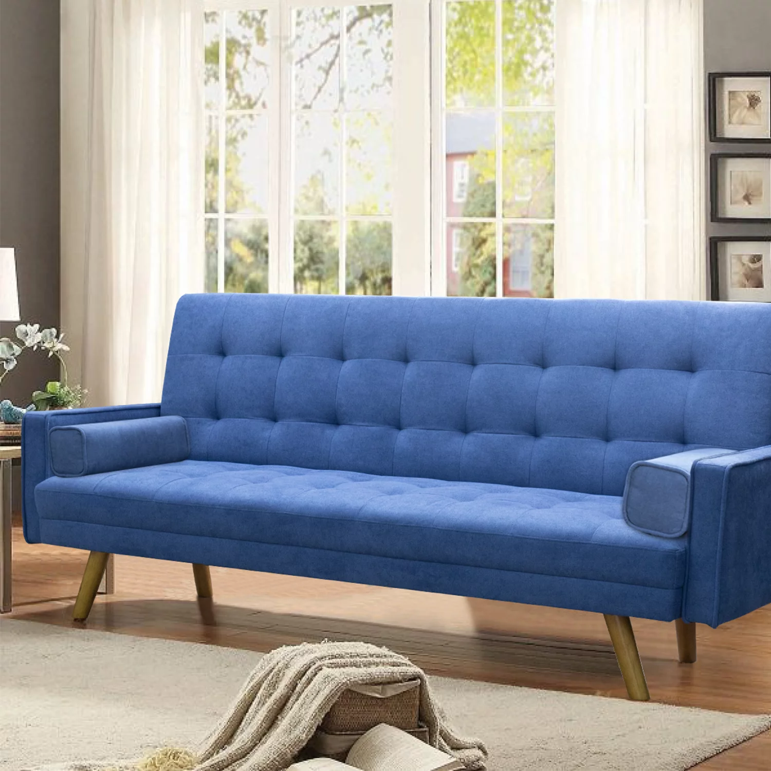 Vineego Linen Futon Sofa Bed Pin Tufted Split Back Convertible Reclining Sofa Fabric Bench Seat(Blue)