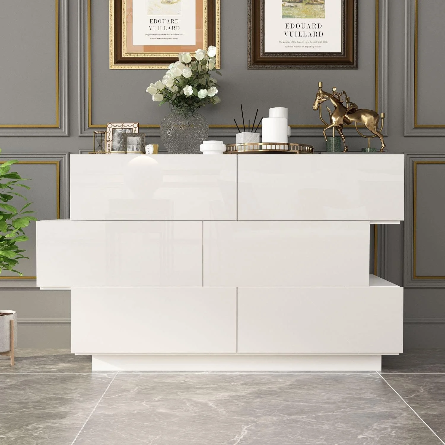 Glossy Chest of Drawers Polished 6 Drawer Dresser, Modern & Contemporary Style, Wood Dresser 6 Drawer Chest for Bedroom White (46.1”W x 15.7”D x 30.7”H)