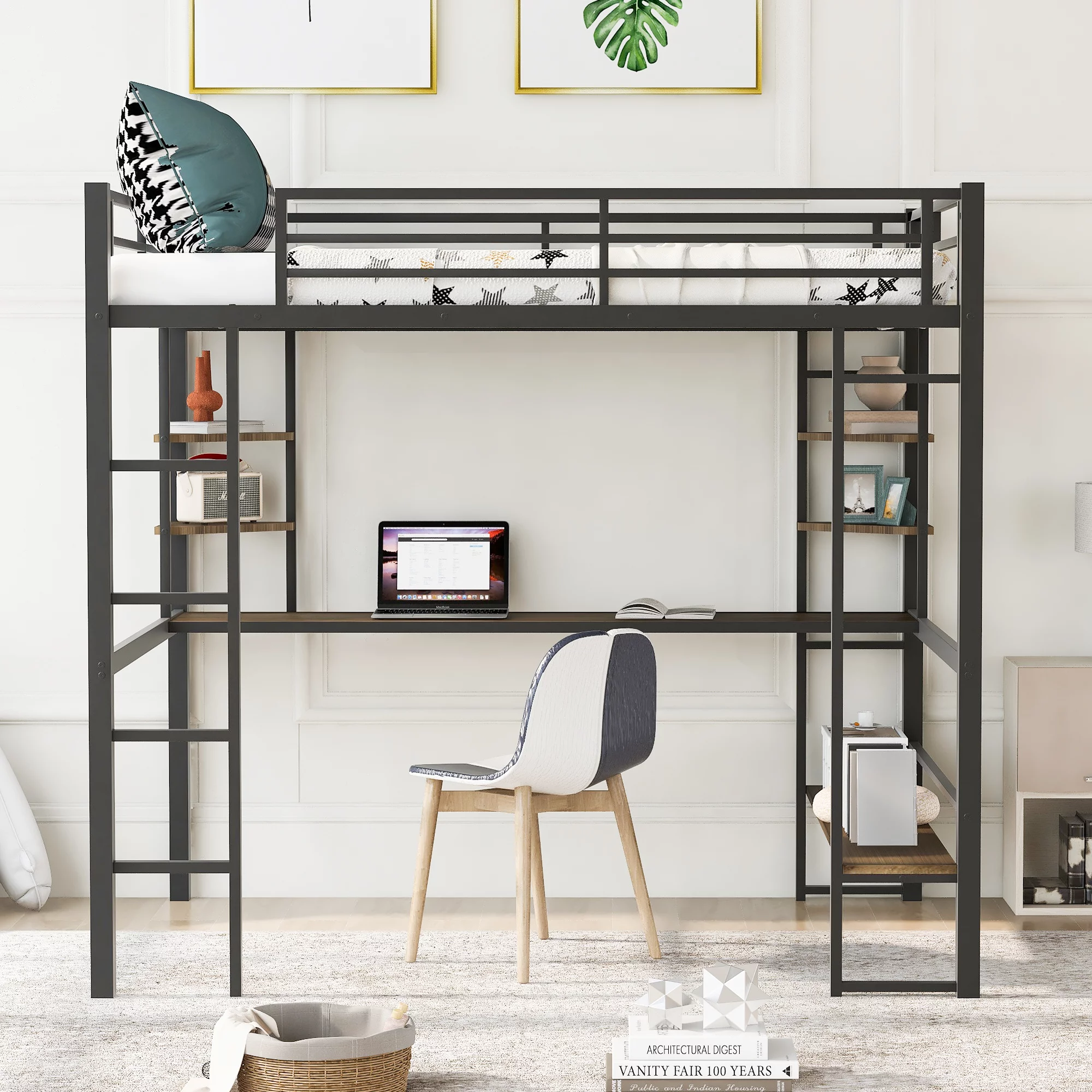 Docooler Full Size Loft Metal&MDF Bed with Long Desk and Shelves,Black