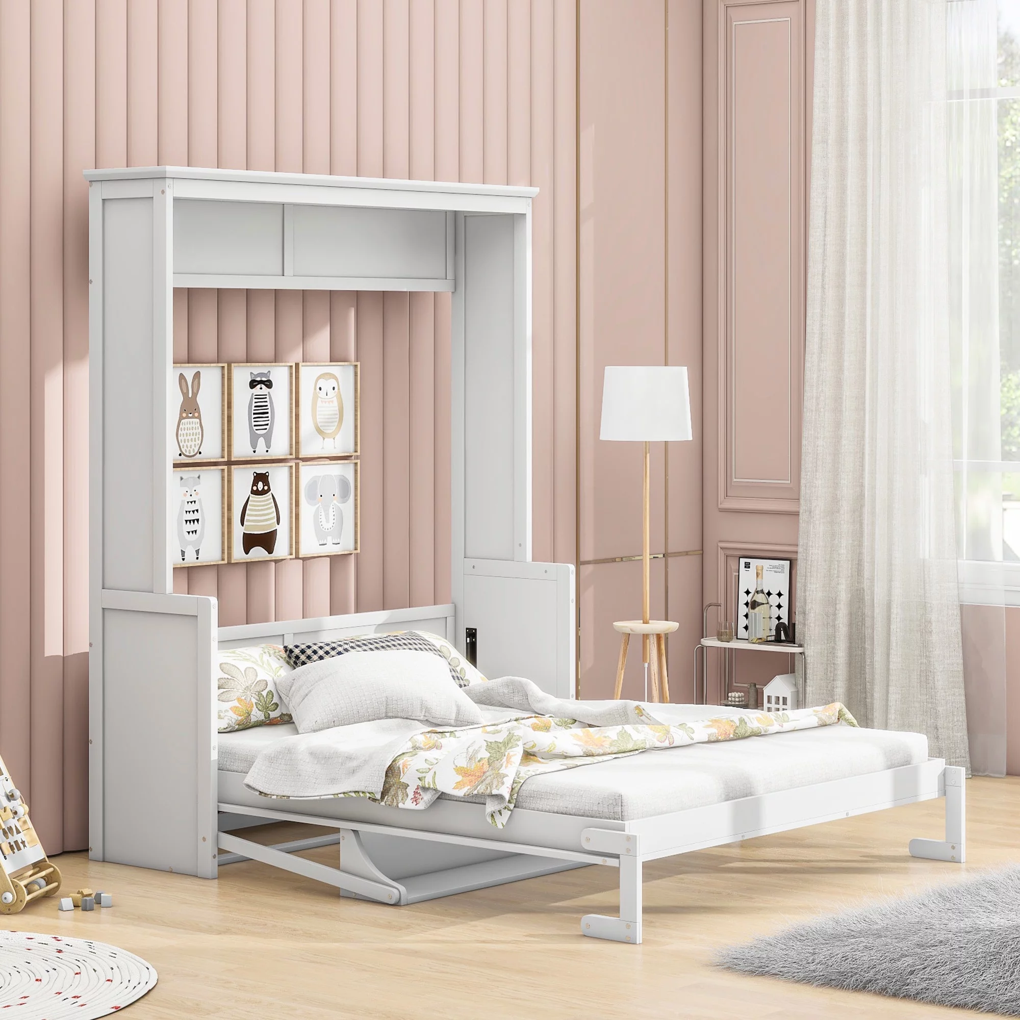 Euroco Queen Size Murphy Bed with Desk and Shelf Convertible Wall Bed into a Cabinet for Living Room Guests Room SpaceSaving Easy Open and Close, White