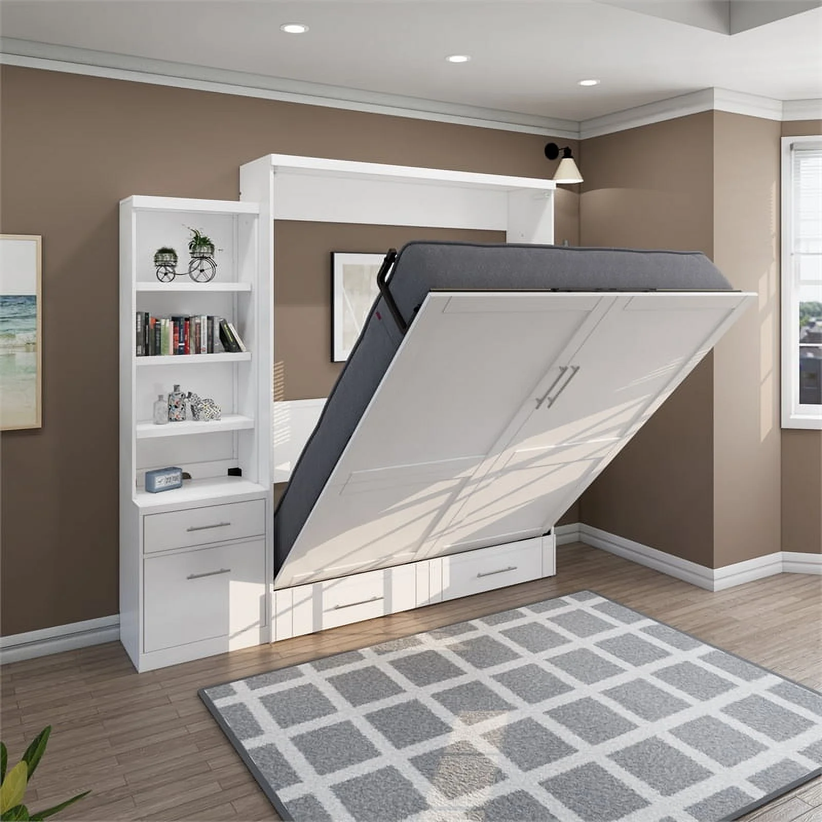 Pemberly Row Queen Solid Wood Murphy Wall Bed - Storage Piers - White