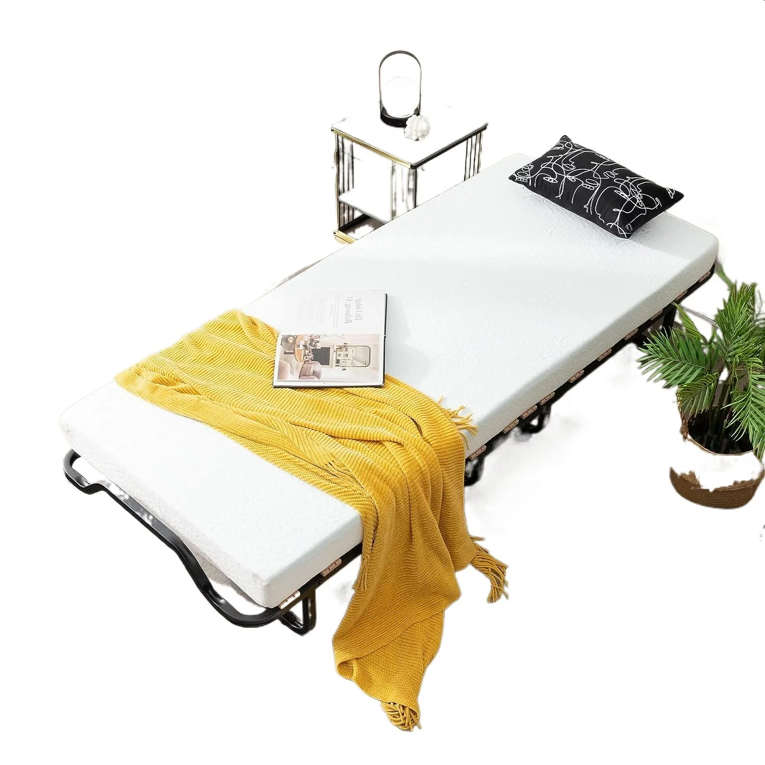 S Bed with 4 Inch S for Adults, Cot Size Rollaway Guest Bed w/Memory Foam S & Solid Wood Slats, Portable Foldable Bed with Lockable Wheels for Office Room Living Room