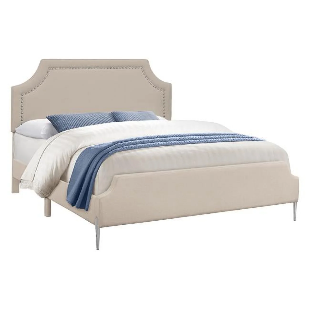 Upholstered Beige Linen Look Chrome Metal Legs Transitional Queen Size Bed