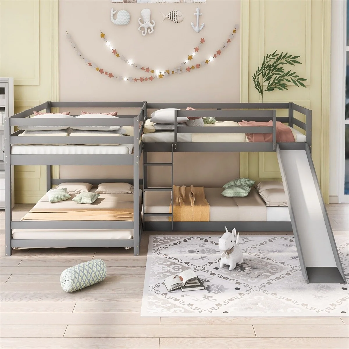 MERAX  Full and Twin Size L-Shaped Bunk Bed with Slide and Short Ladder Grey