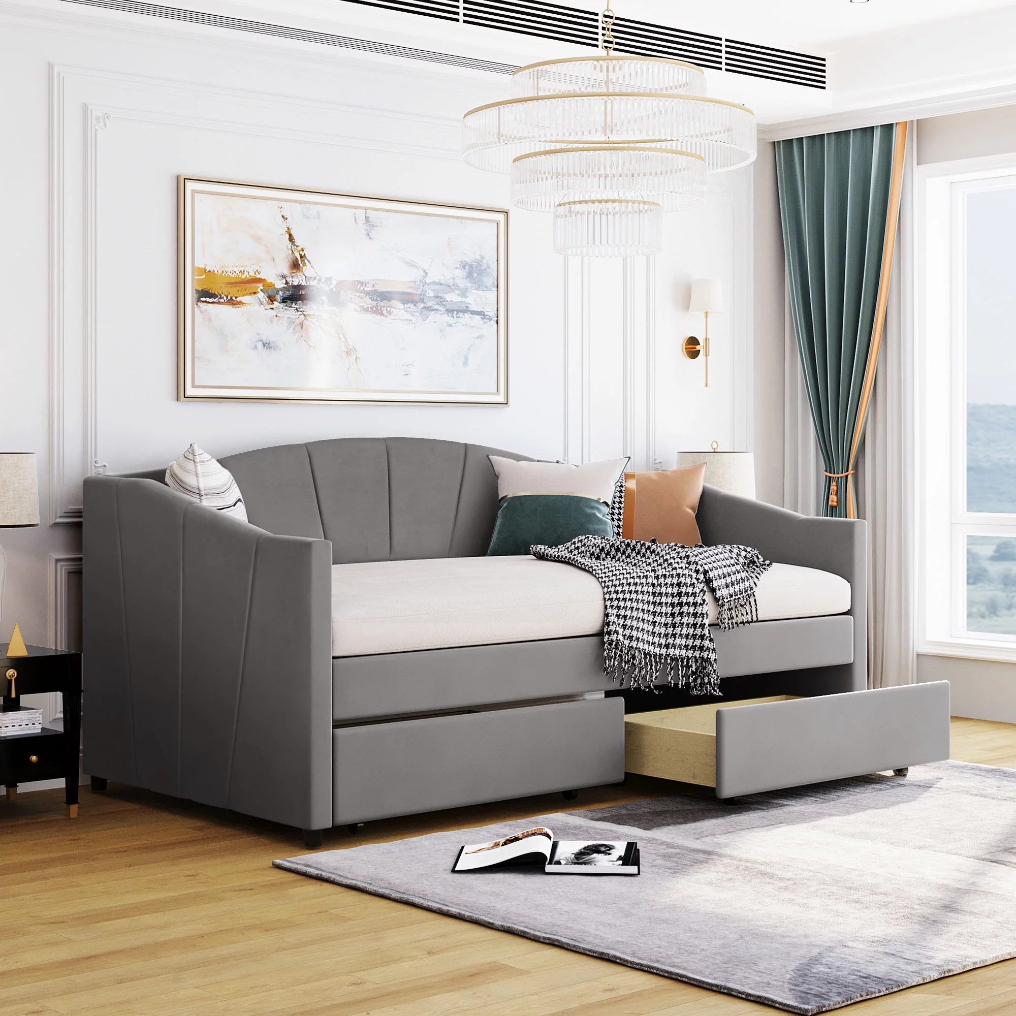Modern Upholstered Sofa Pull Out Sofa Living Room Sofa Bed Futon Upholstered Sofa Bed Double Bed with Two Drawers and Wooden Slat Support (Gray)