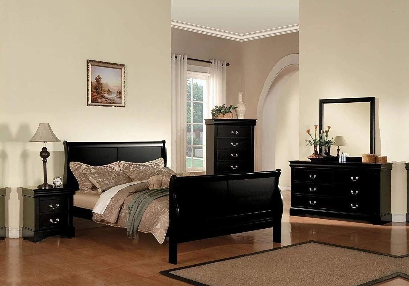Traditional Black Finish Panel Bed Dresser Mirror Nightstand Chest 5pc Twin Bedroom Furniture Set Louis Phillippe Style