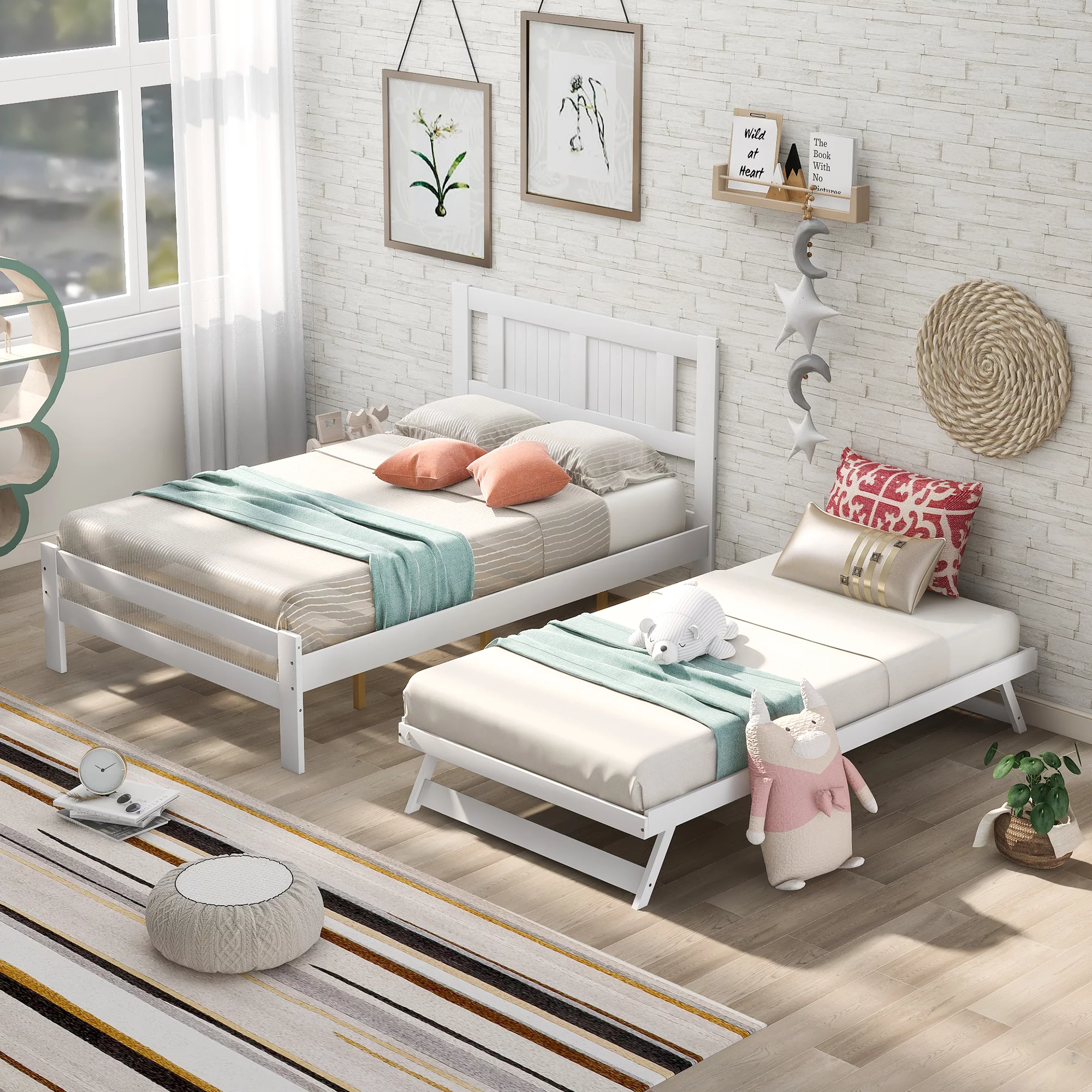 Platform Bed with Adjustable Trundle, Platform Bed with Pull Out Trundle, Solid Wood, Wooden Platform Bed Frame with Headboard