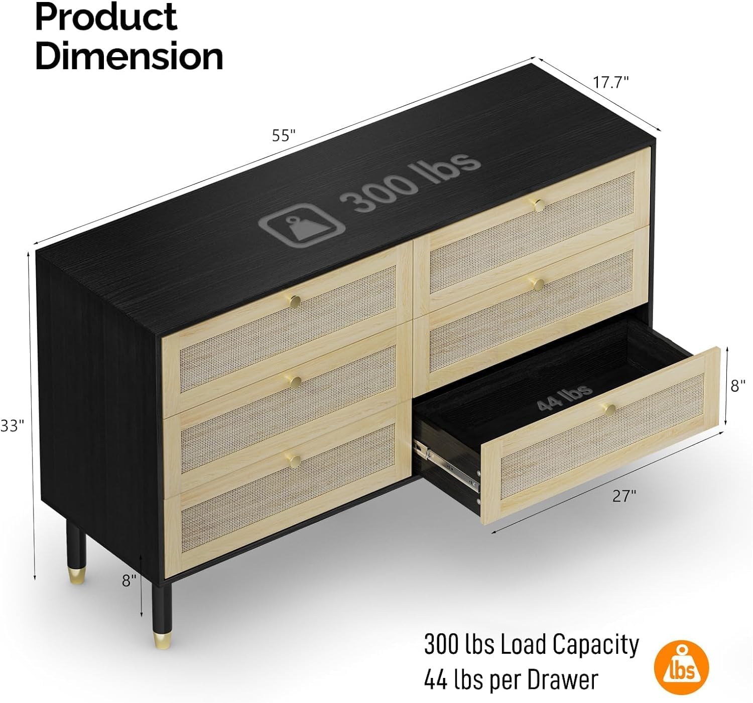 Rattan Dresser and Nightstands Set, Nightstands with Charging Station Set of 2, 6 Drawer Double Dresser,  Mid Century Modern Bedroom Set 3 Pieces, Matching Furniture Set for Bedroom