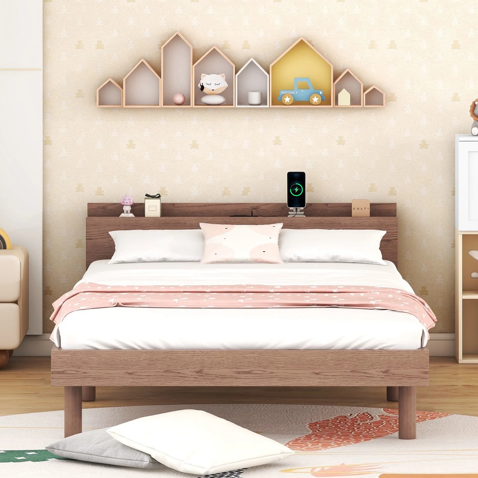 Modern Twin Platform Bed Frame with Headboard - Walnut Color