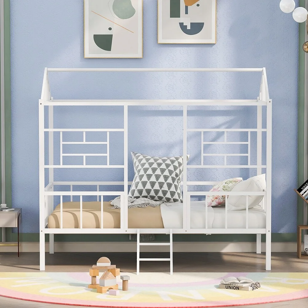Twin Size Metal House Bed Frame with Short Ladder White