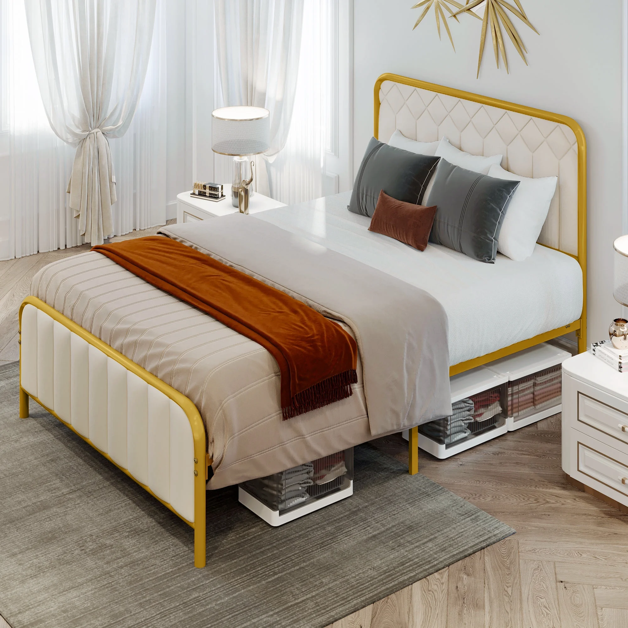 Dextrus Upholstered Full Size Platform Bed Frame with Headboard, Wooden Slats Mattress Foundation with Soundproof Cotton, No Box Spring Needed, Beige