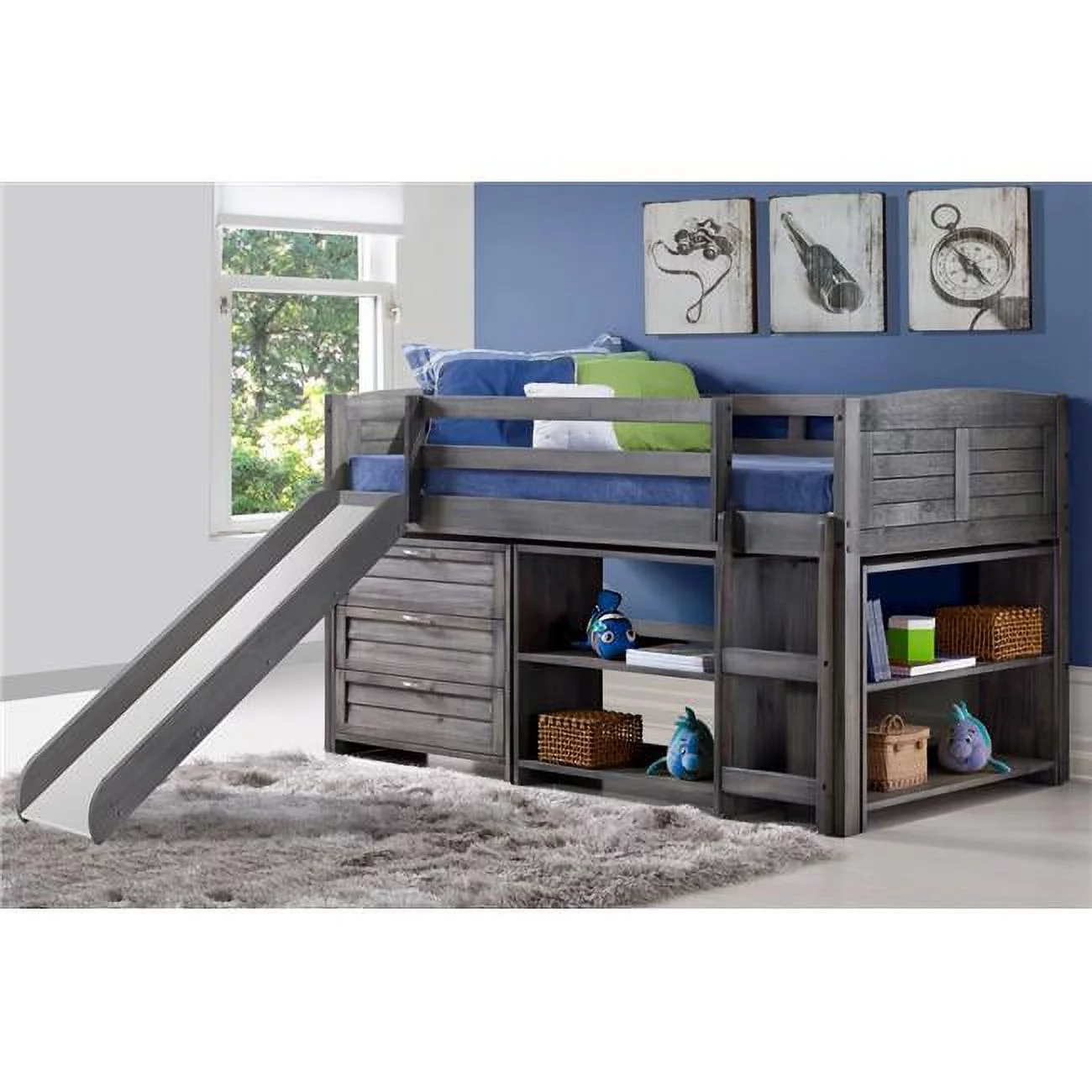 PD-790AAG-C2-785AG Twin Size Louver Low Loft with Slide, 3 Drawer Chest, Bookcase & Small Bookcase in Antique Grey