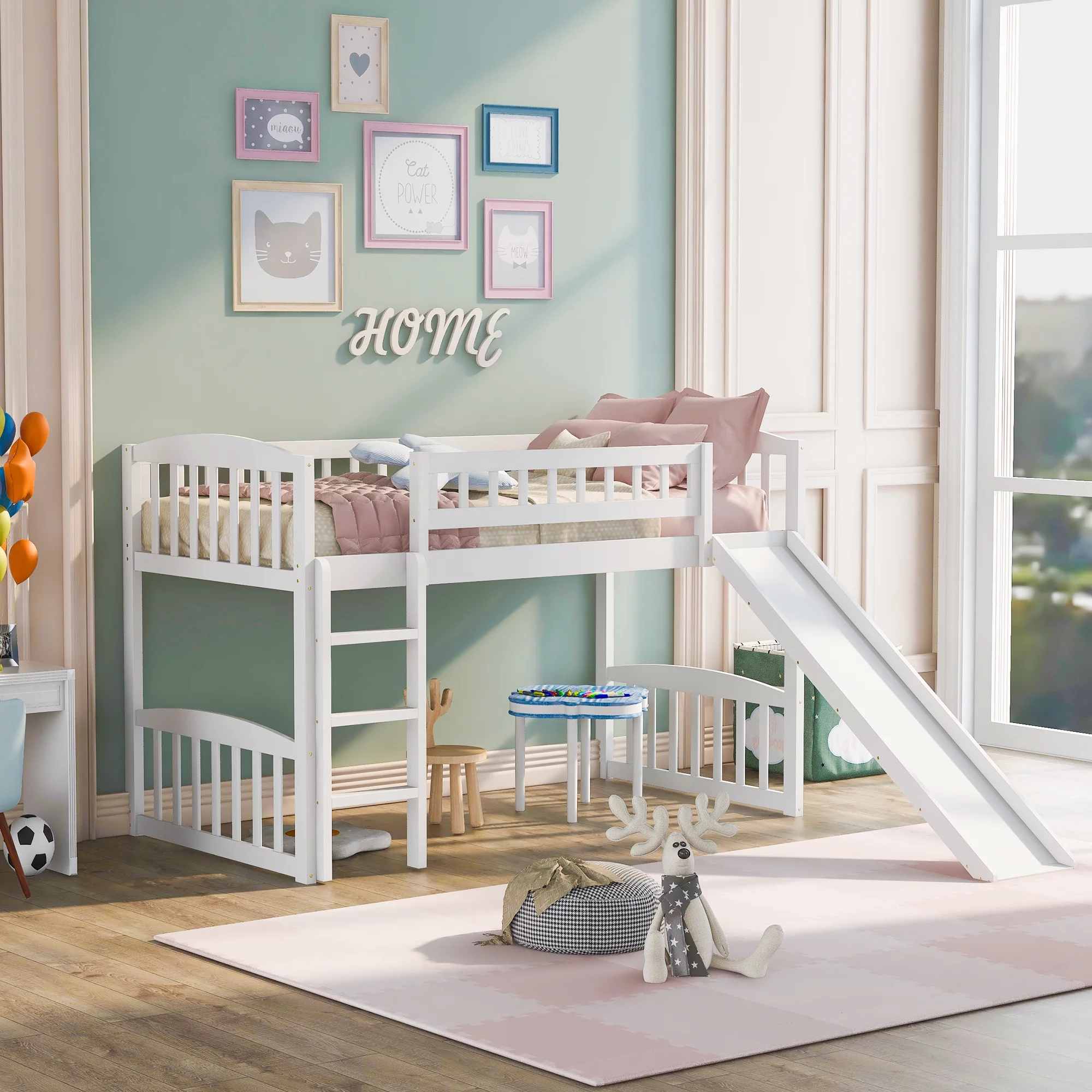 Churanty Toddler Low Loft Bed with Slide and Ladder, Wooden Twin Kids Loft Bed Frame for Living Room Bedroom Furniture,White