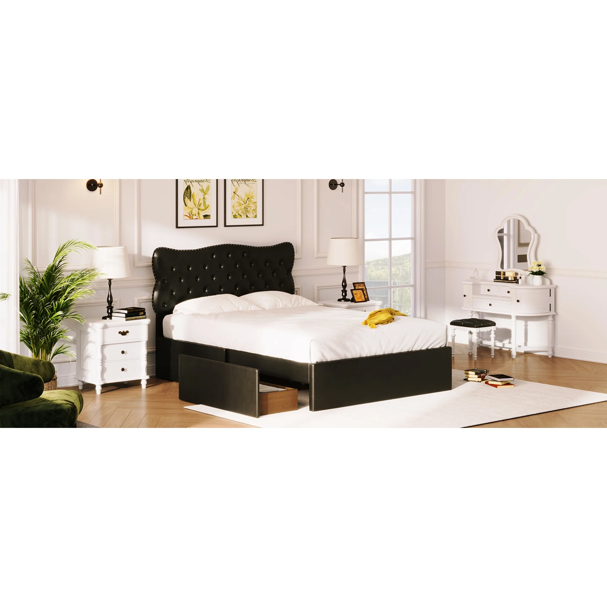 Dawn Whisper Full Size Bed Frame with 4 Storage Drawers, Leather Upholstered Platform Heavy Duty Bed, Wood Slat Support, Black