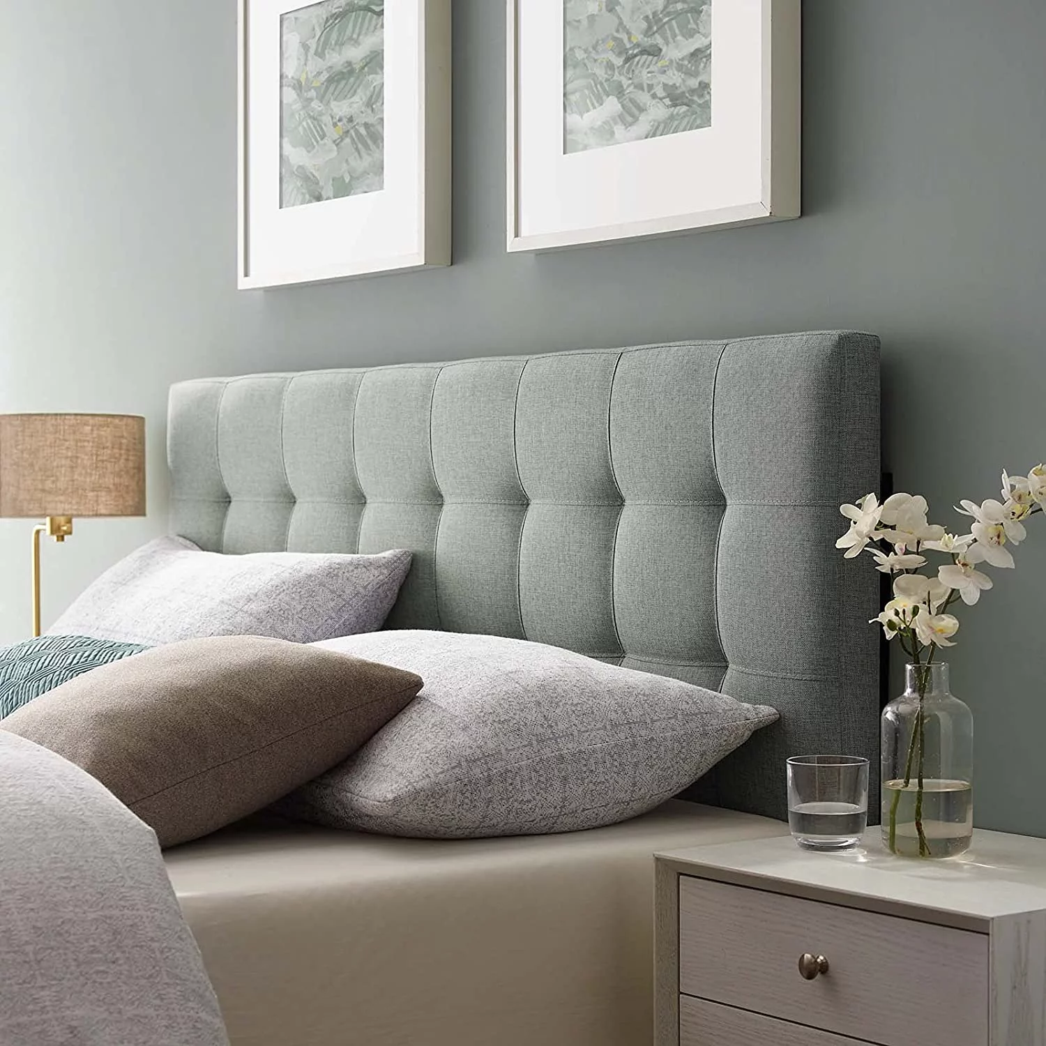 QCAI Lily Tufted Linen Fabric Upholstered King Headboard in Gray