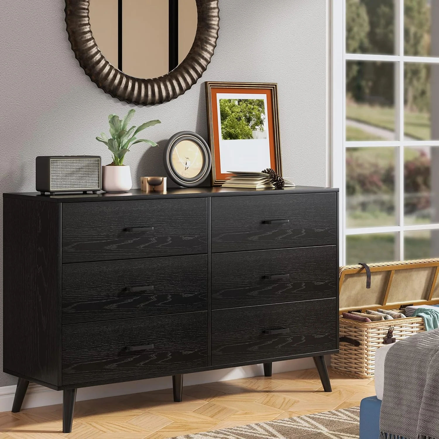 TJUNBOLIFE Wood Dresser for Bedroom Mid Century Modern 6 Drawer Dresser with Metal Handles 15.7" D x 47.2" W x 32" H Black
