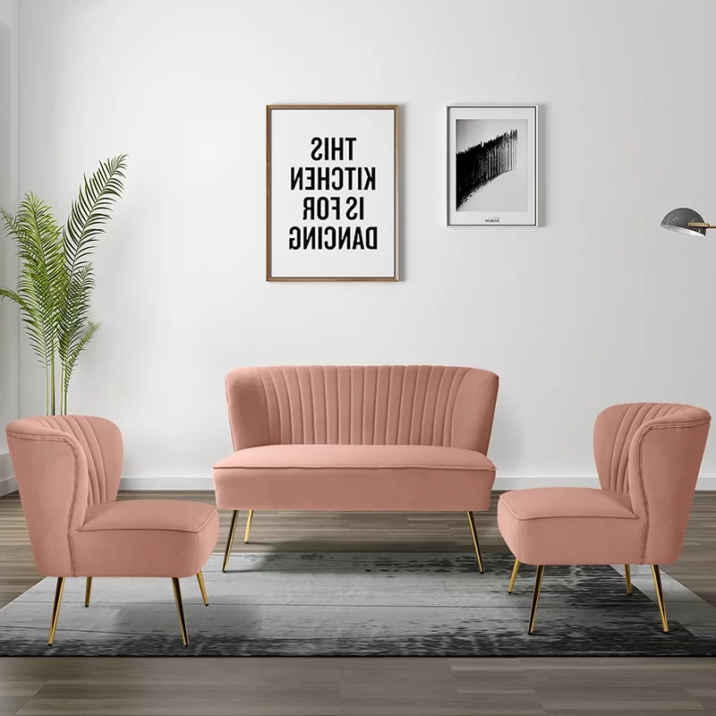 Velvet Upholstered Wingback Accent Slipper Chair Side Armless Sofa Tufted Back Golden Legs Dining Home Living Room Bedroom Adult Pink