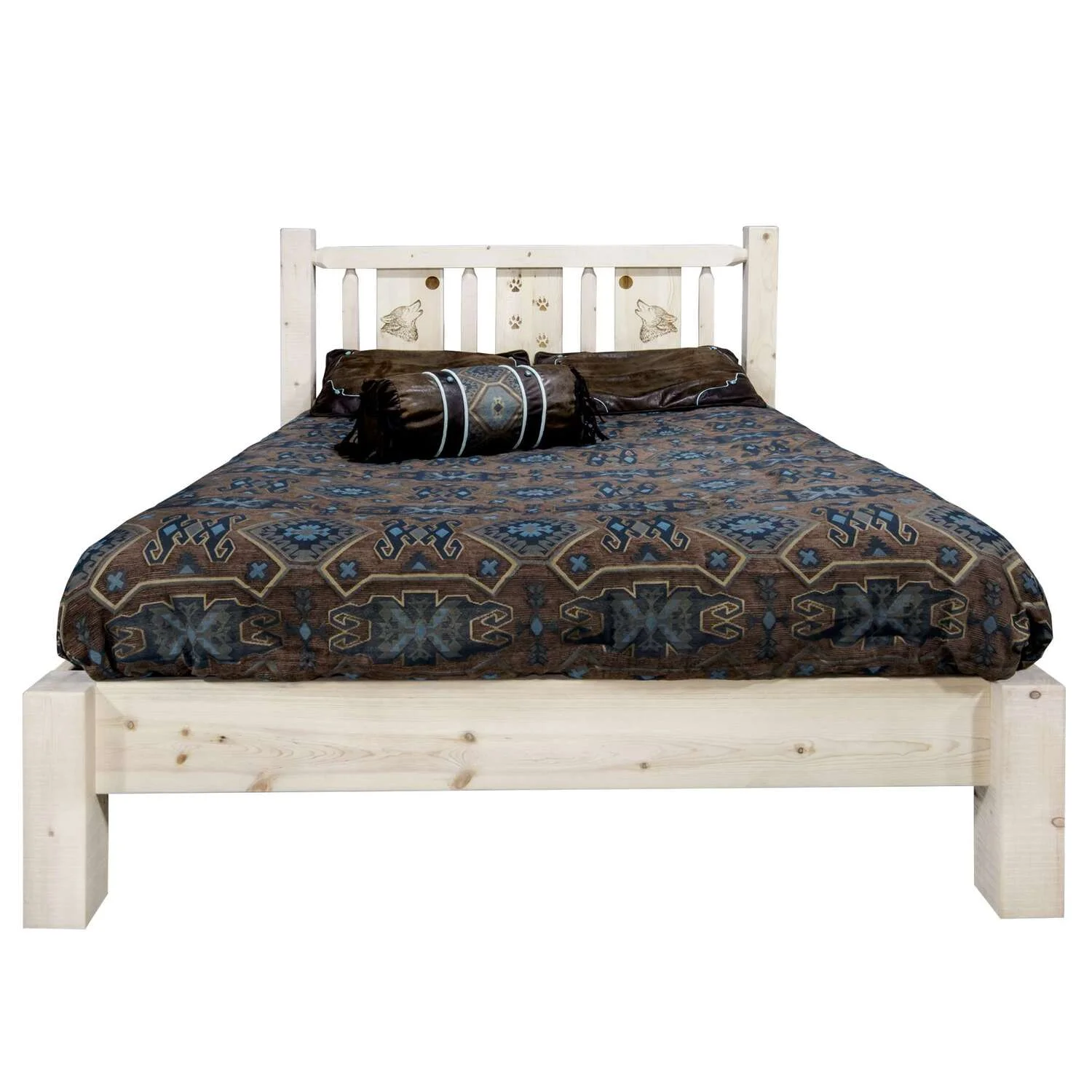 Homestead Collection California King Platform Bed w/ Laser Engraved Wolf Design, Clear Lacquer Finish