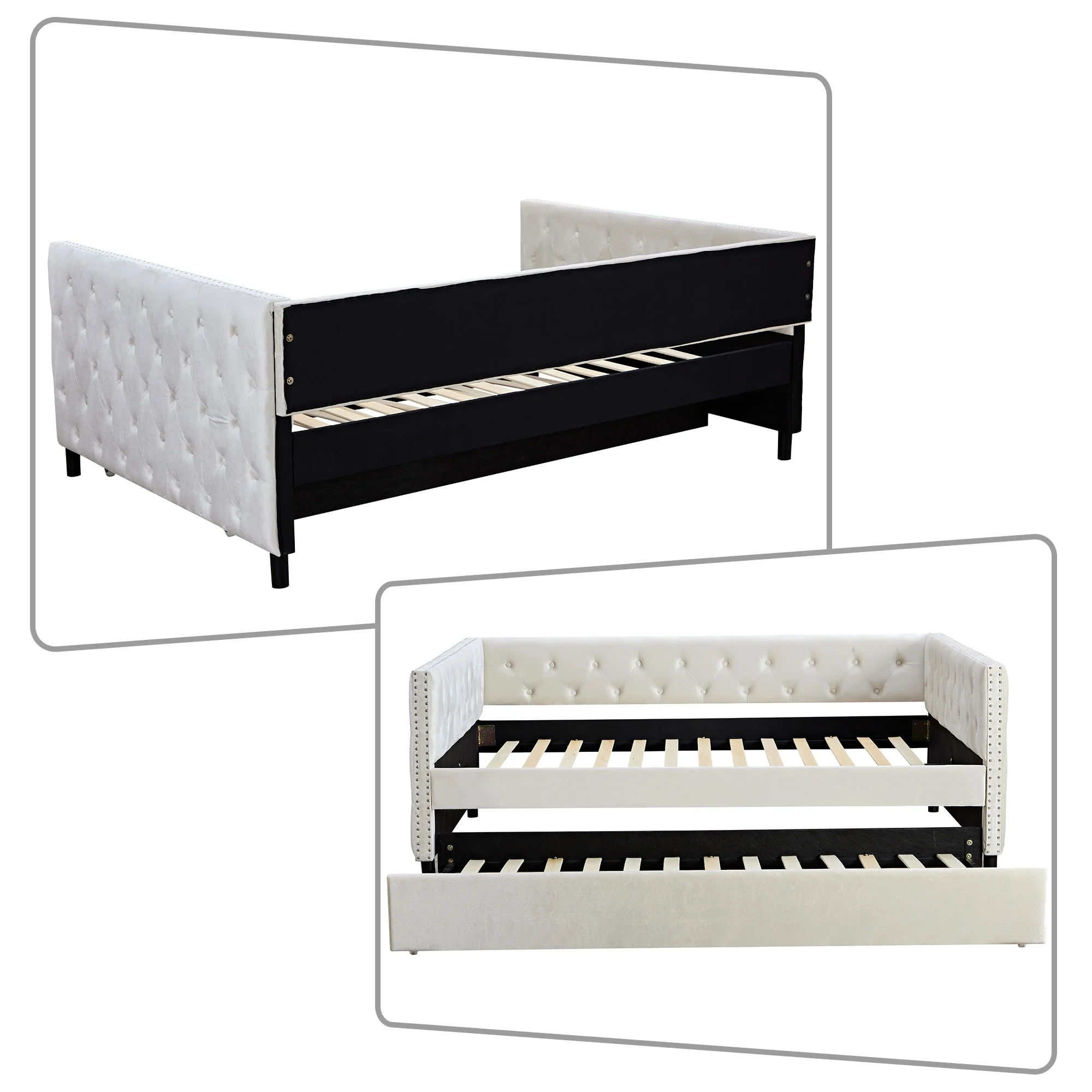 Elegant and Comfortable Full Size Velvet Fabric Button-Tufted Upholstered Daybed with A Trundle and Rivet Decor, Beige
