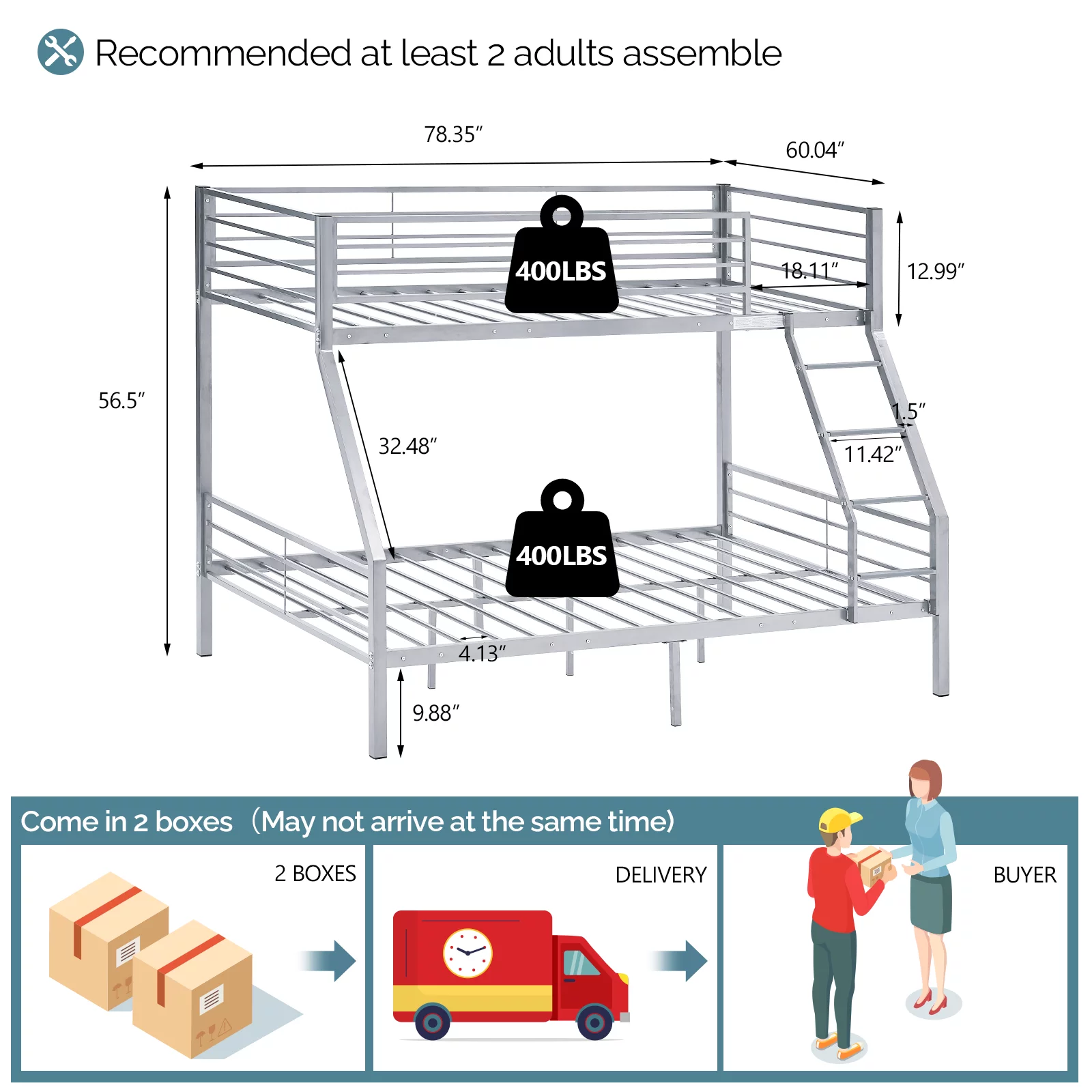 VINGLI Bunk Beds Twin Over Full Size with Flat Rung Steps, Heavy Duty Bunk Beds for Kids/Teens/ Adults,Reinforced Guardrail, Gray