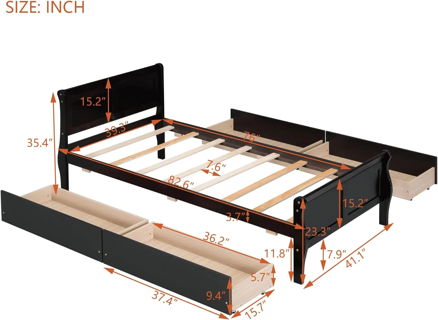 Wood Platform Bed, Size Platform Bed With 4 Storage Drawers, Platform Bed With Head Ad Footboard, Espresso